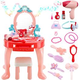 Topteng - Kids Vanity Set with Lights & Music, 31PCS Accessories - Includes Mirror, Stool, Hair Dryer, Safe for Girls