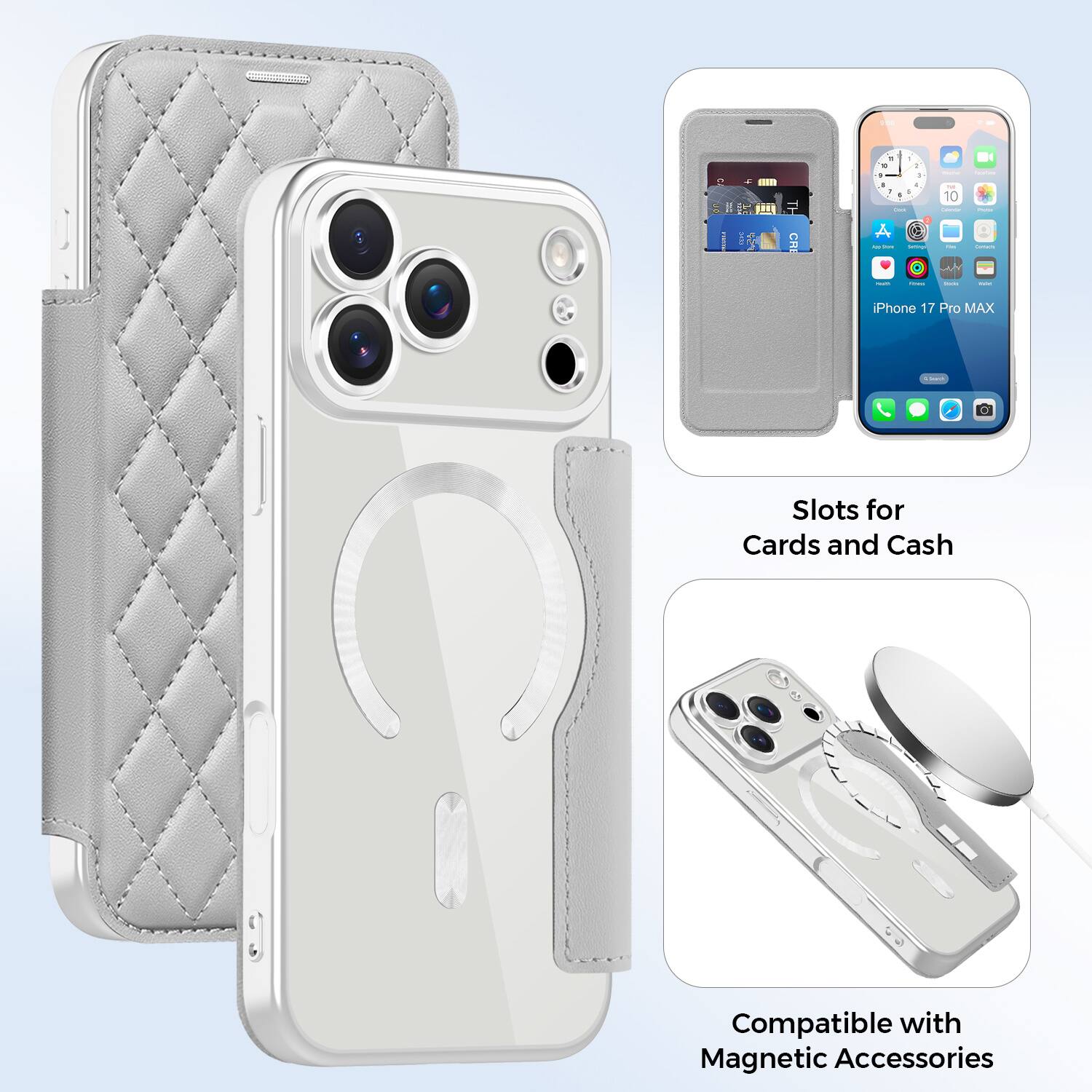 - iPhone 17 Pro MAX
- Slots for Cards and Cash
- Compatible with Magnetic Accessories