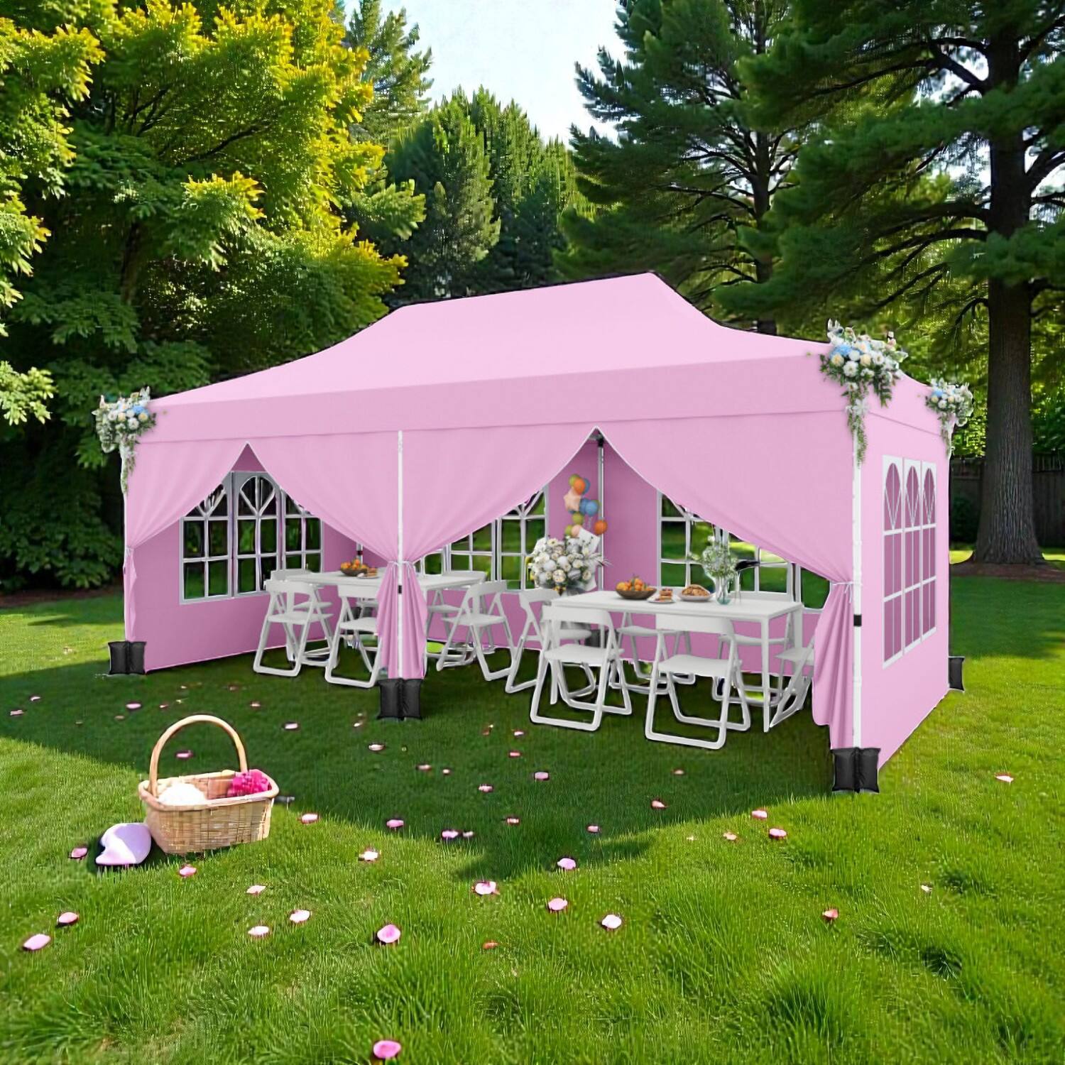 Front. Hivvago - 10x20 Ft Pop-Up Canopy Tent with Six Windowed Sidewalls and Carry Bag - Pink.