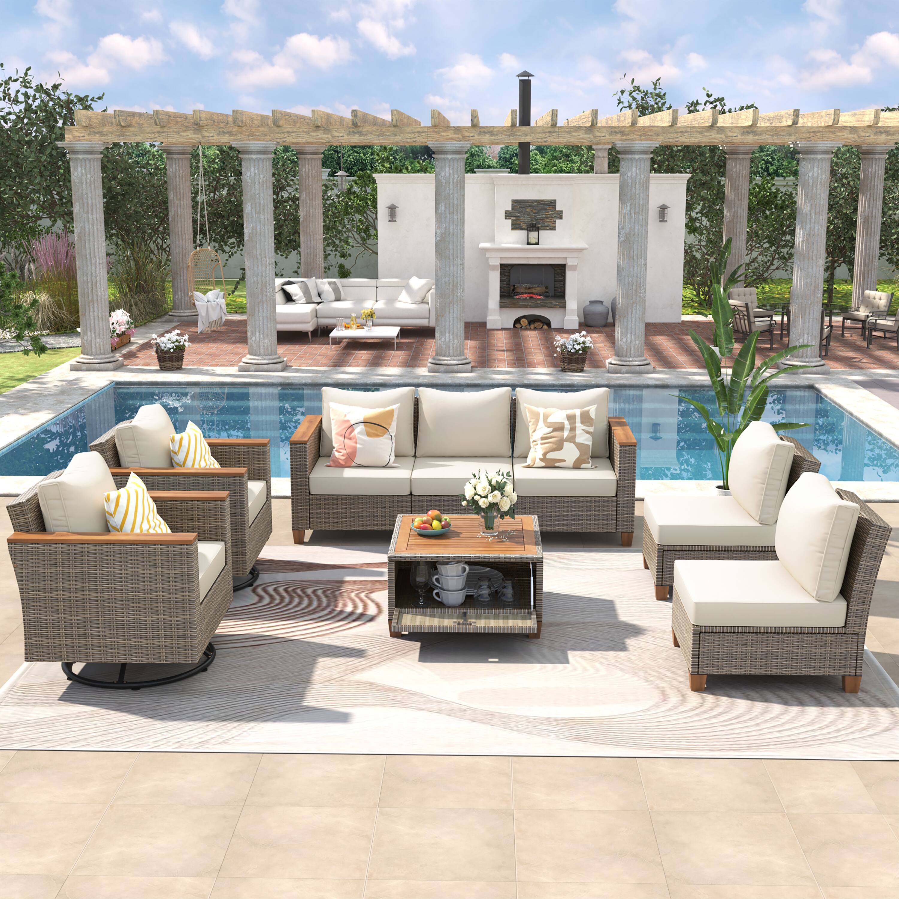 Left. Mondawe - 8-Piece Wicker Conversation Set with Swivel Rocking Chairs and Acacia Storage Table - Beige+Brown.