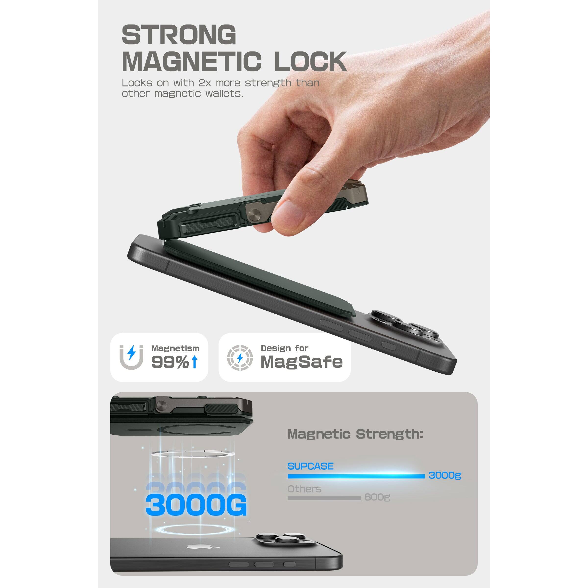 STRONG MAGNETIC LOCK  
Locks on with 2x more strength than other magnetic wallets.

Magnetism 99%↑  
Design for MagSafe

Magnetic Strength:  
SUPCASE 3000G  
Others 800g

3000G