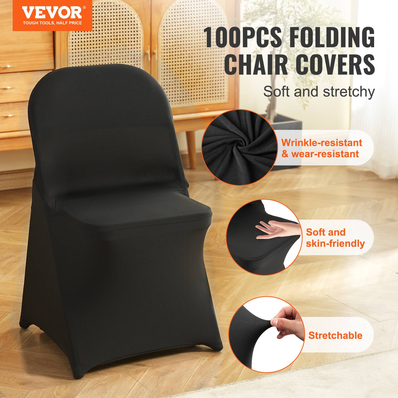 VEVOR TOUGH TOOLS, HALF PRICE 100PCS FOLDING CHAIR COVERS Soft and stretchy Wrinkle-resistant & wear-resistant Soft and skin-friendly Stretchable
