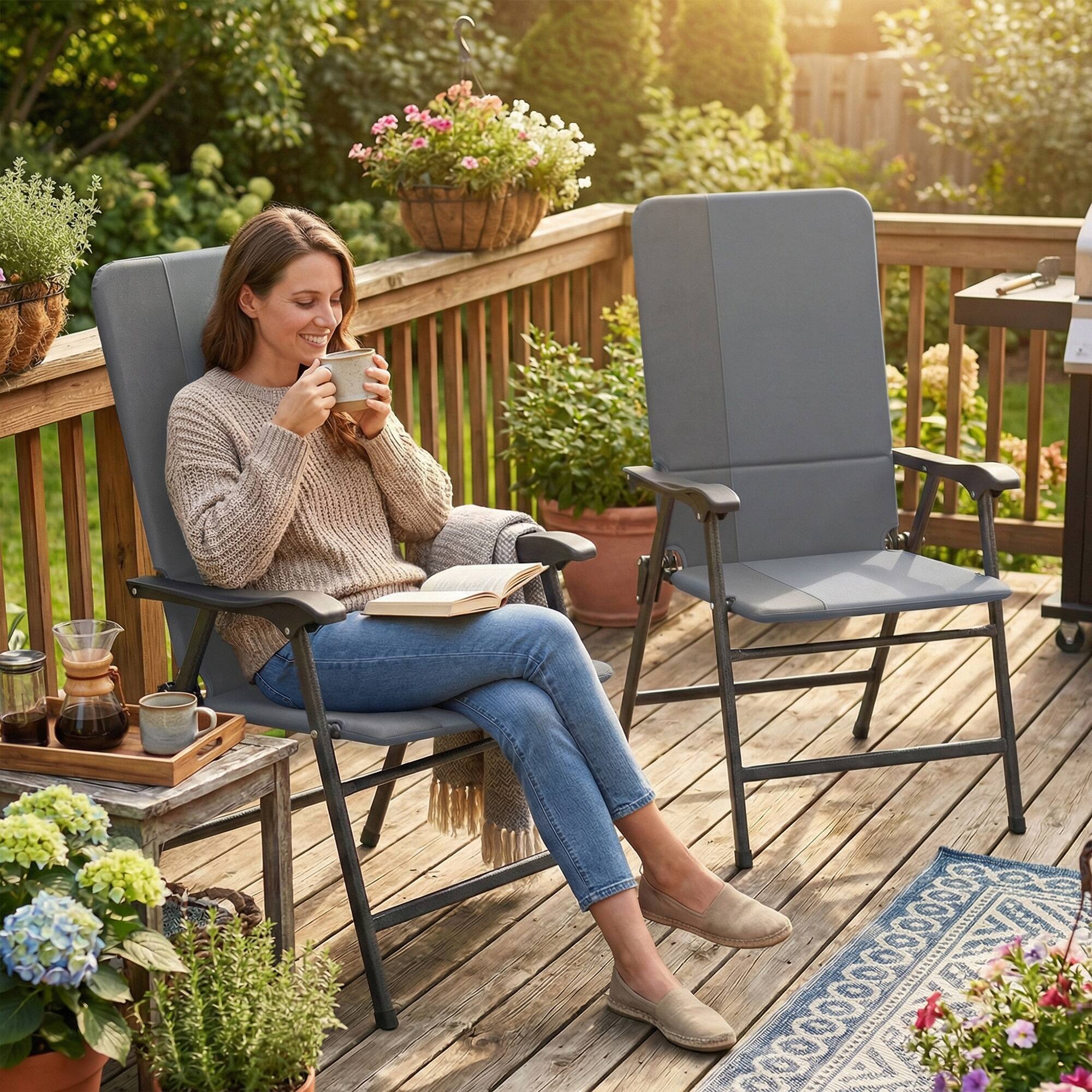 Alt View 1. Outsunny - Patio Chairs Set of 2, Padded High Back Lawn Camping Chairs with Armrests, 600D Oxford Fabric - Light Gray.