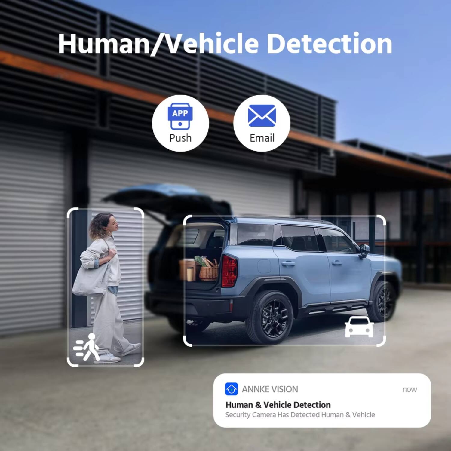 Human/Vehicle Detection

APP Push Email

ANNKE VISION
Human & Vehicle Detection
Security Camera Has Detected Human & Vehicle
