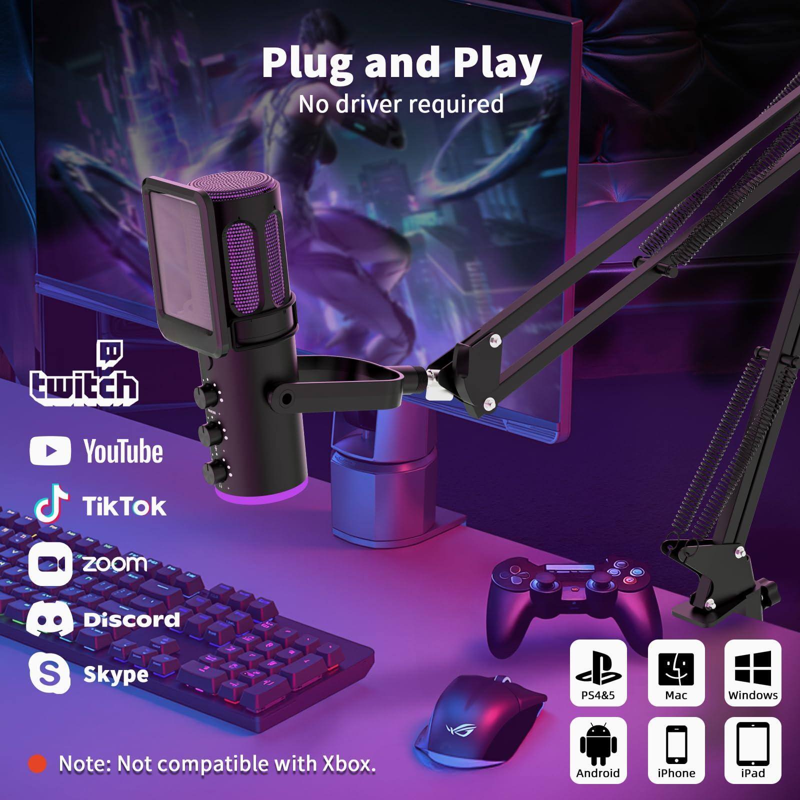 Plug and Play  
No driver required  

- Twitch  
- YouTube  
- TikTok  
- Zoom  
- Discord  
- Skype  

PS4 & 5  
Mac  
Windows  
Android  
iPhone  
iPad  

Note: Not compatible with Xbox.