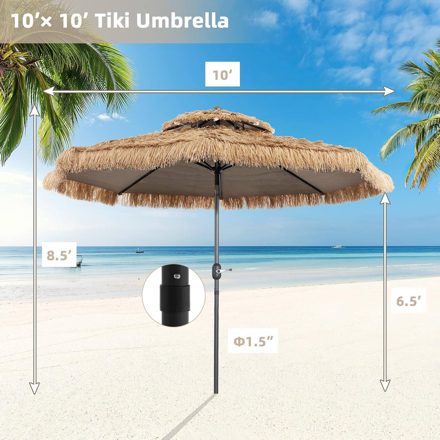 10'x 10' Tiki Umbrella, 10', 8.5', 6.5', 1.5"