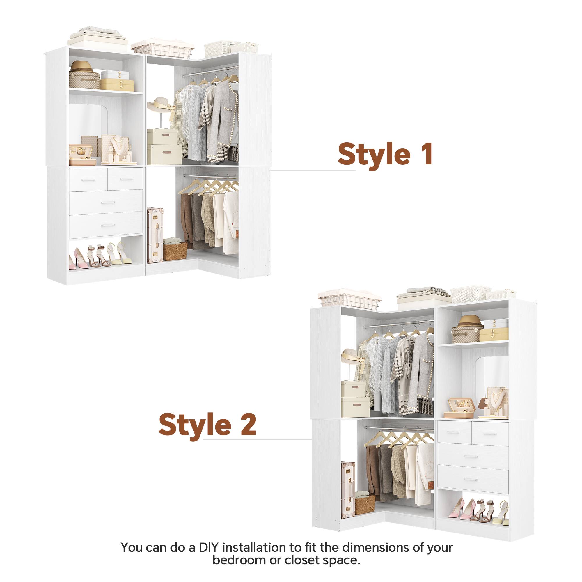 Style 1  
Style 2  

You can do a DIY installation to fit the dimensions of your bedroom or closet space.