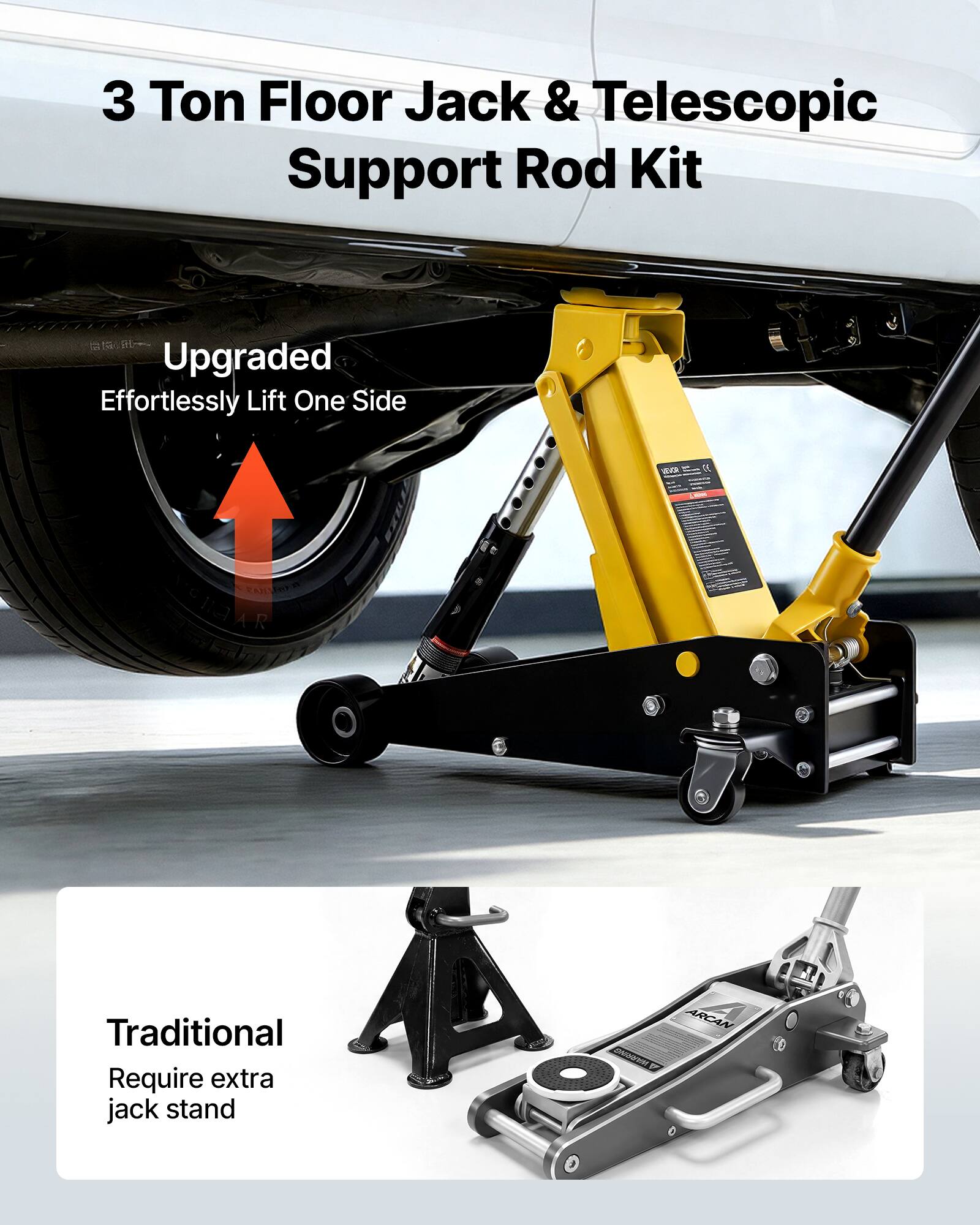 3 Ton Floor Jack & Telescopic Support Rod Kit

Upgraded
Effortlessly Lift One Side

Traditional
Require extra jack stand