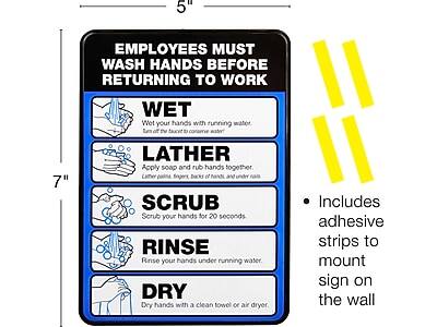 **5" x 7"**

**EMPLOYEES MUST WASH HANDS BEFORE RETURNING TO WORK**

- **WET**  
  Wet your hands with running water.  
  Turn off the faucet to conserve water.

- **LATHER**  
  Apply soap and rub hands together.  
  Lather all surfaces, including fingers, backs of hands, and under nails.

- **SCRUB**  
  Scrub your hands for 20 seconds.

- **RINSE**  
  Rinse your hands under running water.

- **DRY**  
  Dry hands with a clean towel or air dryer.

- Includes adhesive strips to mount sign on the wall