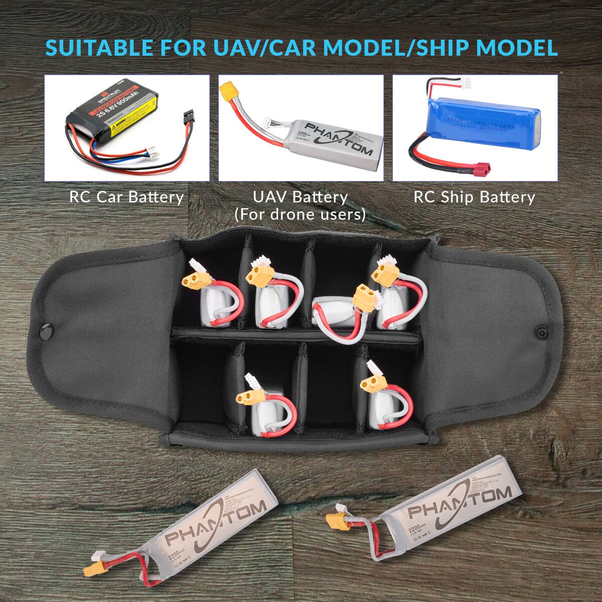 SUITABLE FOR UAV/CAR MODEL/SHIP MODEL

- 900mAh TAACE - 6 BC 23
- PHAROM PHA TOM TIE 11225 2200KL 246
- RC Car Battery
- UAV Battery (For drone users)
- RC Ship Battery
- PHANTOM TOM PHA 2250-m
- HSM PHANTOM TOM PHA 2200m