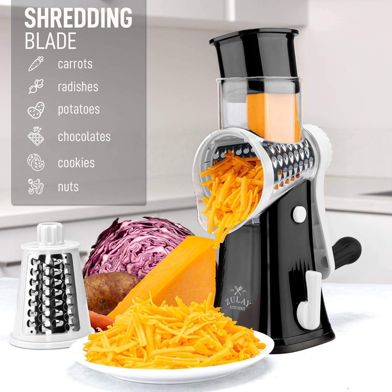 SHREDDING BLADE

- carrots
- radishes
- potatoes
- chocolates
- cookies
- nuts

ZULAY KITCHEN