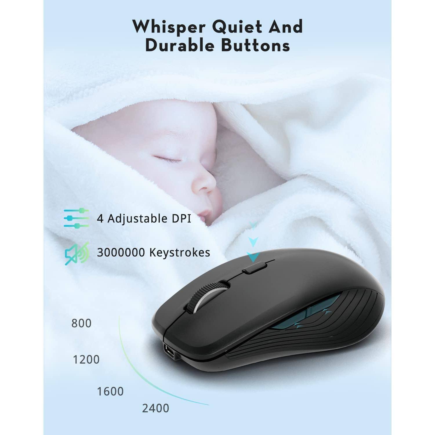 Whisper Quiet And Durable Buttons

4 Adjustable DPI

3000000 Keystrokes

800 1200 1600 2400