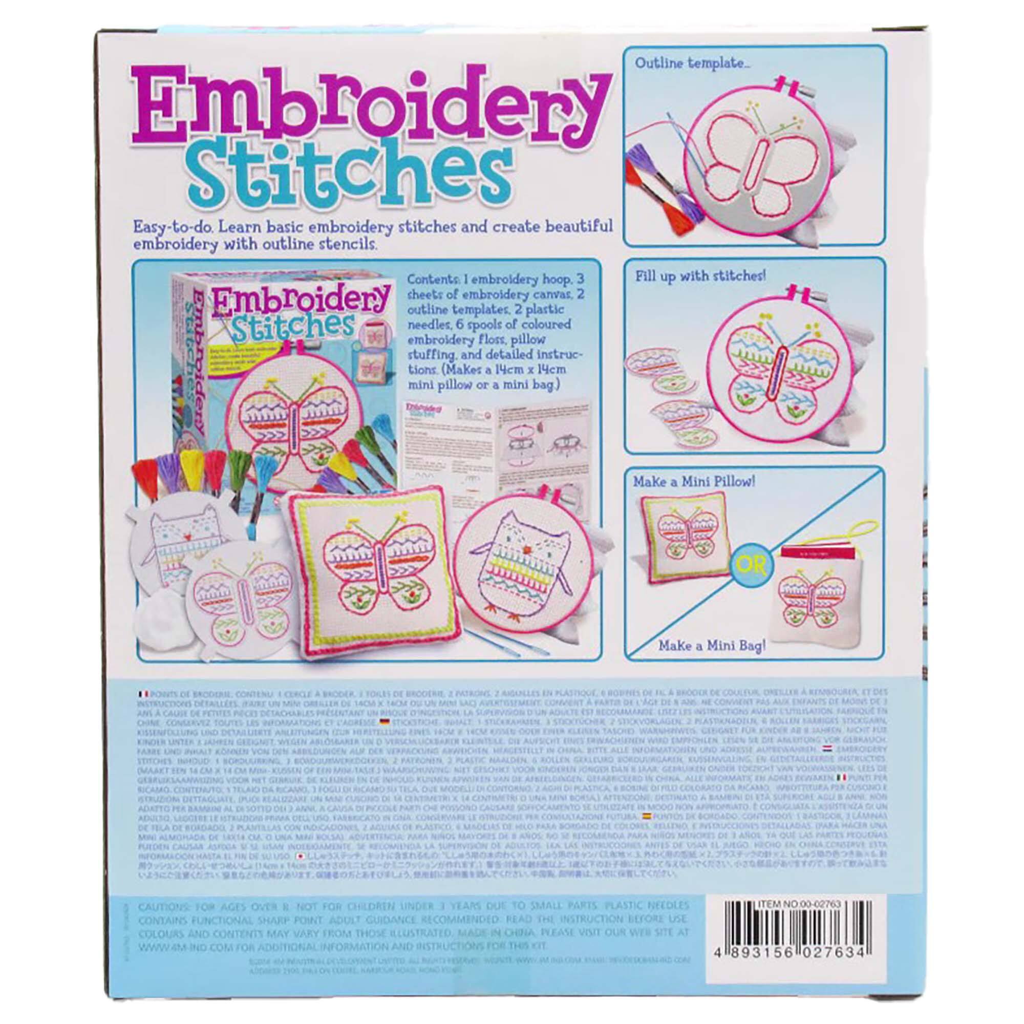 The box contains embroidery stitches and embroidery outline templates. It also includes a hoop, 3 fill up with stitches, 2 plastic stitches needles, 6 spools of colored embroidery floss, and pillow stuffing. The box is designed for easy learning of basic embroidery stitches and creating beautiful embroidery with the provided outline stencils. The contents are suitable for ages over 1 year, and adult guidance is recommended. The box also contains a mini pillow and a mini bag, which can be made using the embroidery stitches and templates. The colors and contents may vary from those illustrated on the box.