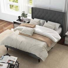 Front. Costway - Costway Full Size Upholstered Platform Bed Button Tufted Headboard Mattress Foundation - Grey.