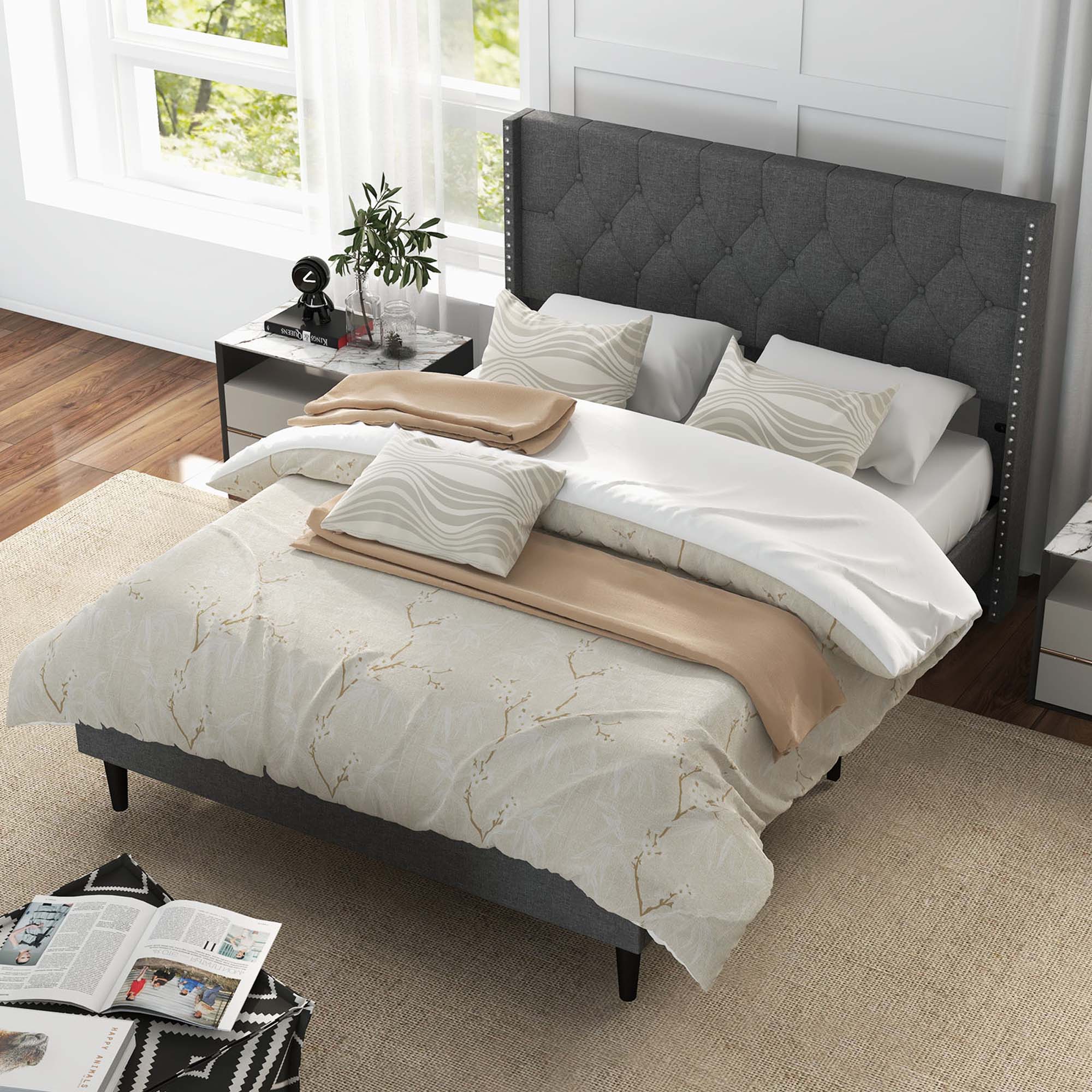 Alt View 1. Costway - Costway Full Size Upholstered Platform Bed Button Tufted Headboard Mattress Foundation - Grey.