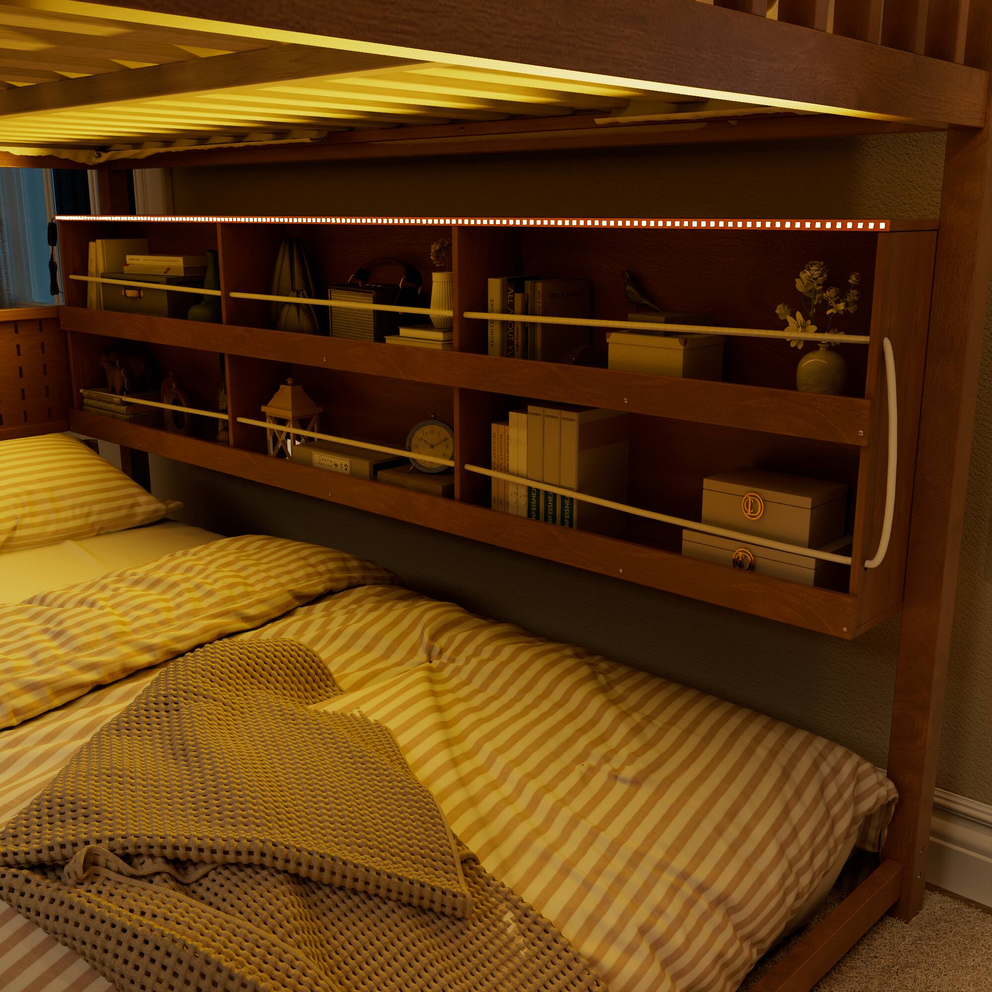 Alt View 2. Anysun - Full over Full Bunk Bed with Integrated Shelving, Color-Changing Lights and Pegboard - Brown.