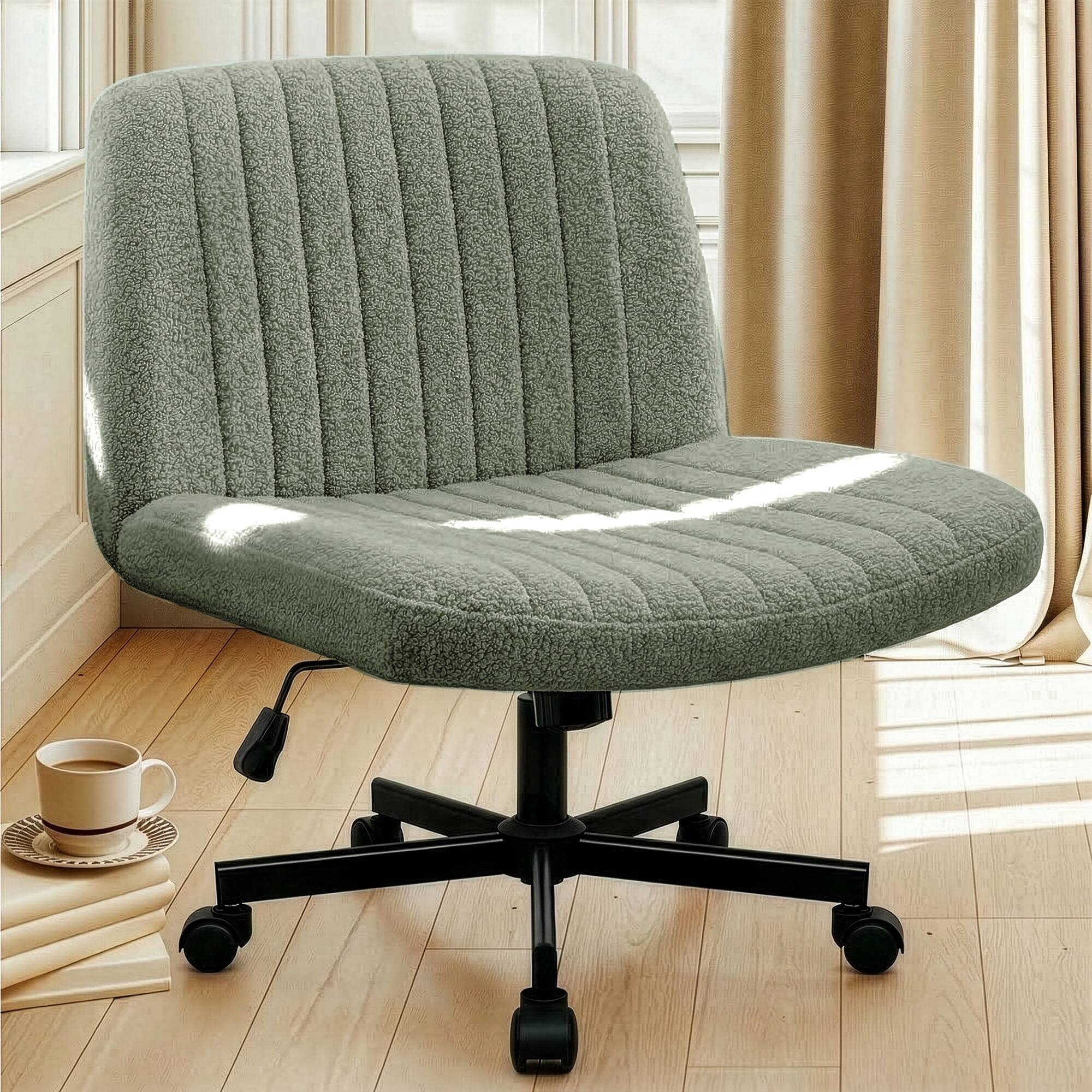 Back. Neo Chair - Criss Cross Chair with Wheels, Teddy Fabric Armless Office Chair, Ergonomic Wide Seat Computer Desk Chair - Teddy Fabric-Green.