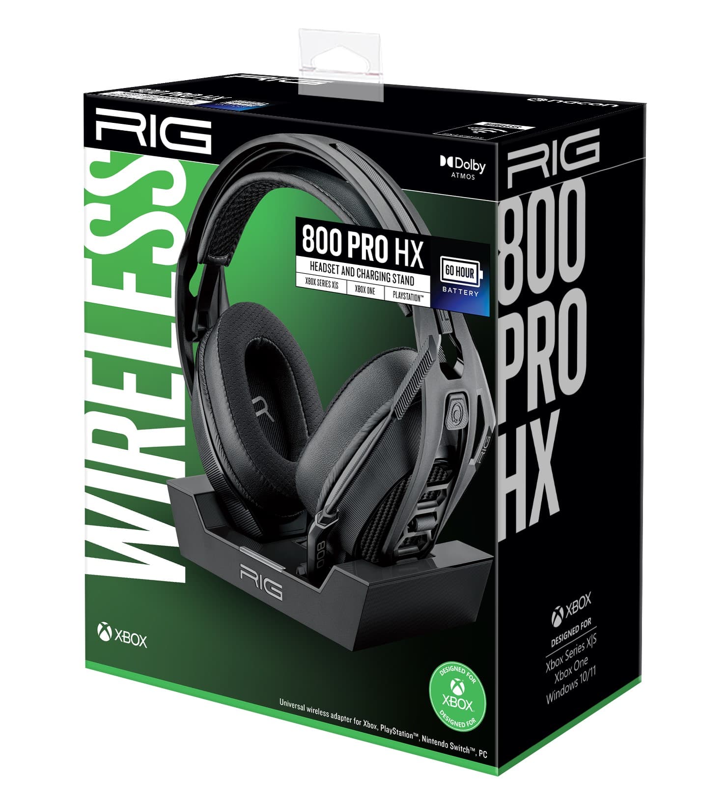 The text on the image is grouped and corrected as follows:
"Wireless headset designed for Xbox One and Xbox Series X/S, as well as PlayStation and Nintendo Switch. Featuring a 60-hour battery life and a universal 3.5mm jack for compatibility with PC and other devices. The RIG 800 PRO HX is a premium gaming headset with a detachable boom mic and a comfortable, adjustable headband."