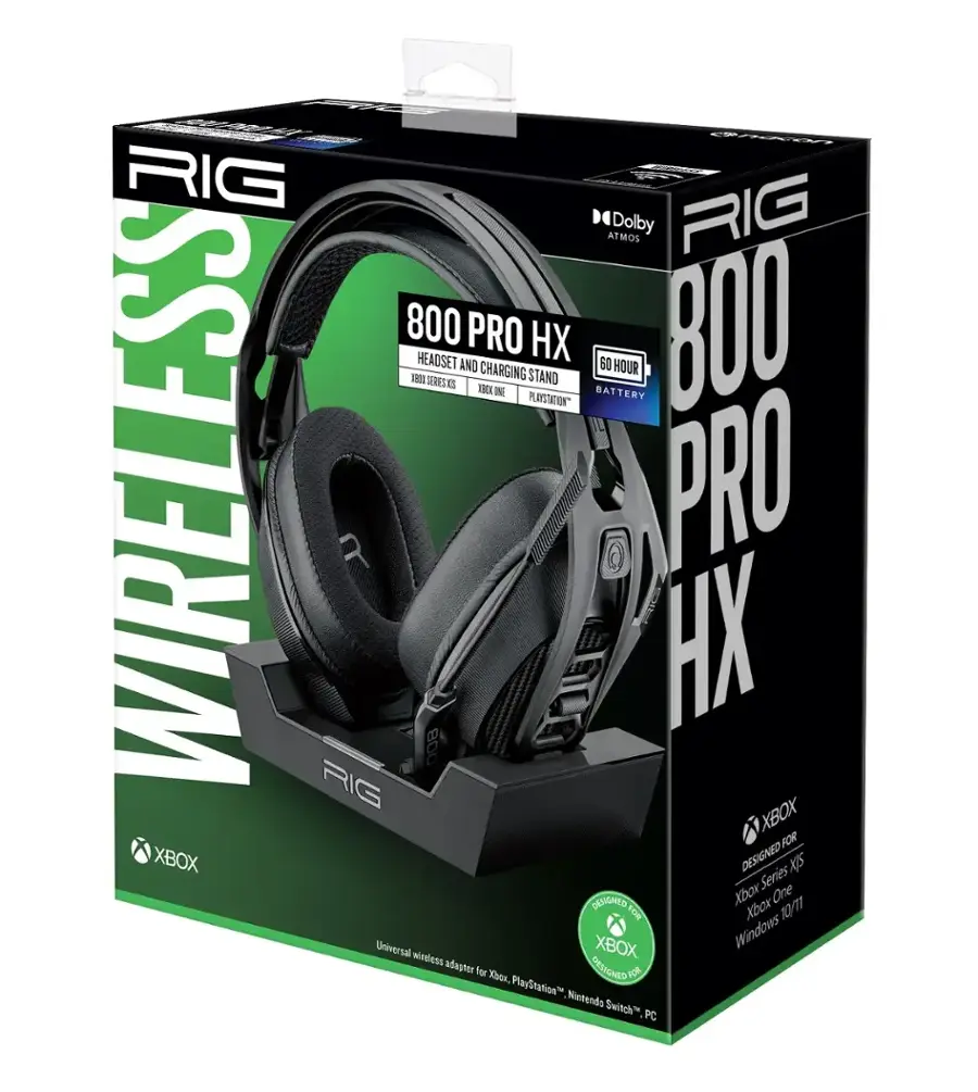 The text on the image is grouped and corrected as follows:

"Wireless headset designed for Xbox One and Xbox Series X/S, as well as PlayStation and Nintendo Switch. Featuring a 60-hour battery life and a universal 3.5mm jack for compatibility with PC and other devices. The RIG 800 PRO HX is a premium gaming headset with a detachable boom mic and a comfortable, adjustable headband."