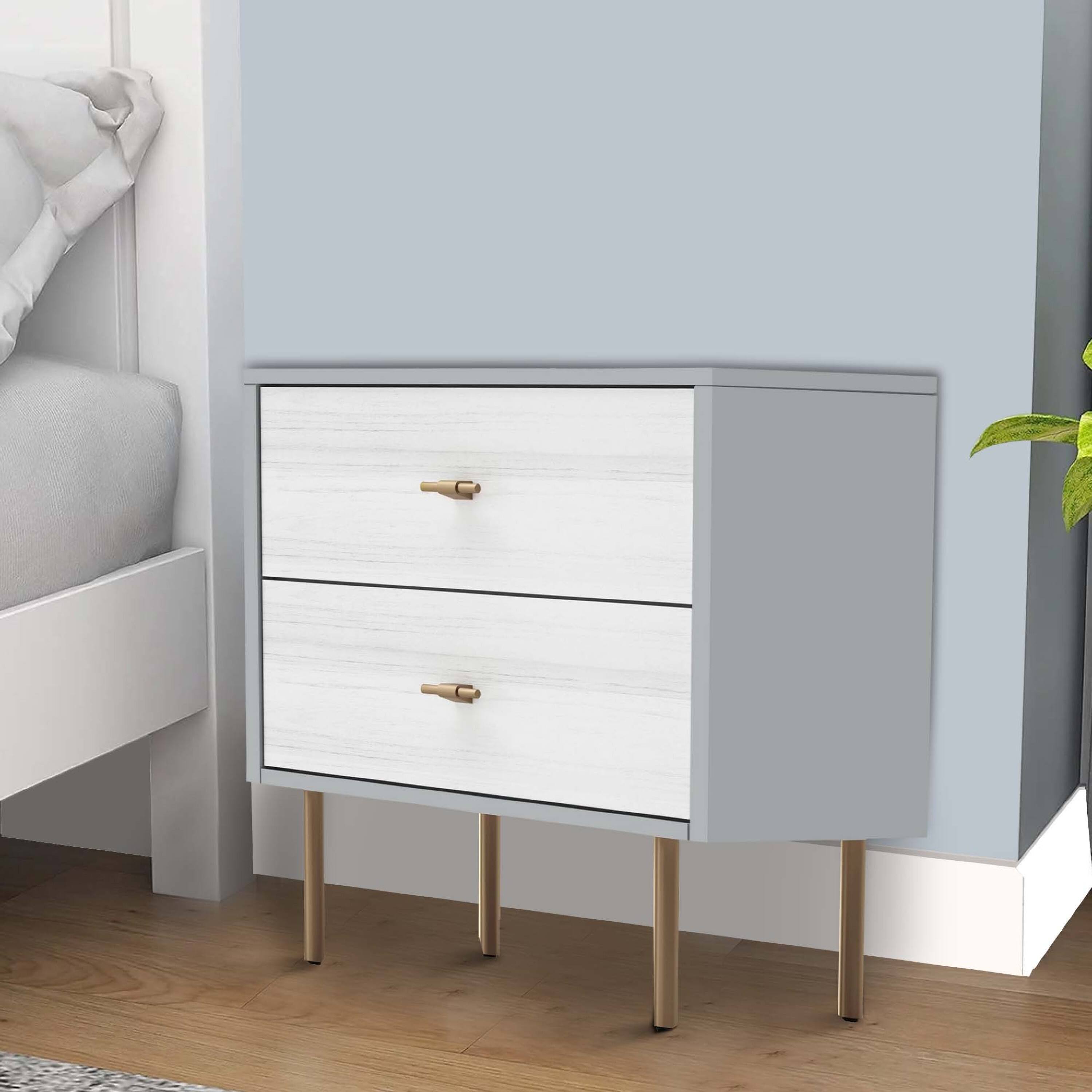 Alt View 4. Manhattan Lane - Dap 24 Inch 2 Drawer Nightstand, Satin  Handles and Legs - Gray, White, Gold.