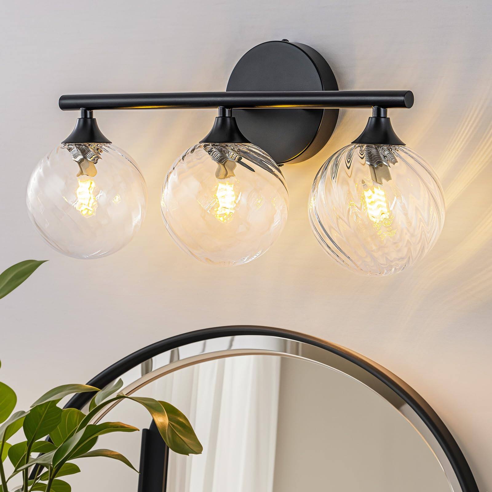 Front. HM 1810 - Brushed Nickel Bathroom Light Fixtures Modern Vanity Lights Over Mirror With Bubble Globe Clear Glass Shade - Black.