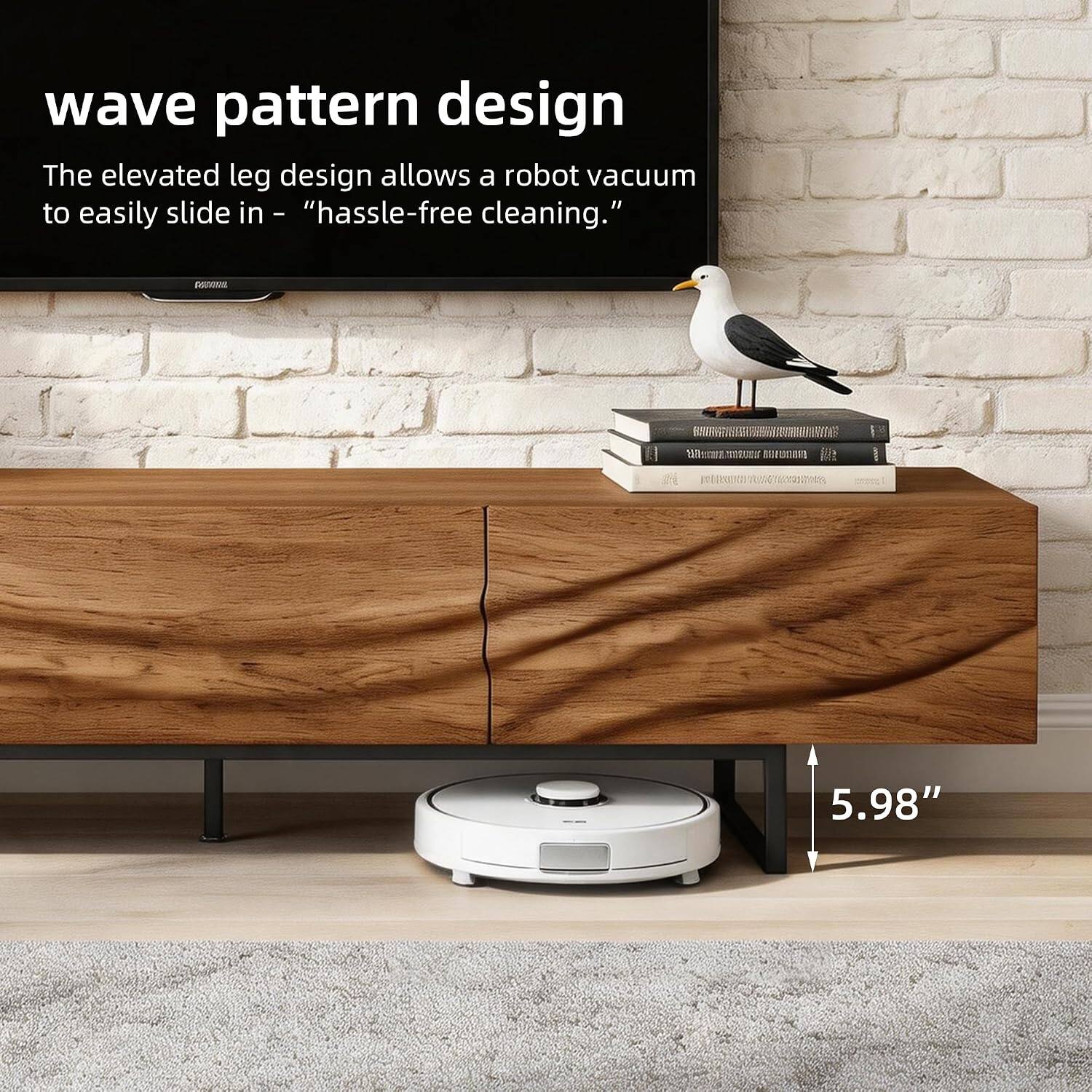 wave pattern design  
The elevated leg design allows a robot vacuum to easily slide in - "hassle-free cleaning."  

RETUTAL  
SEMUCION  
5.98"