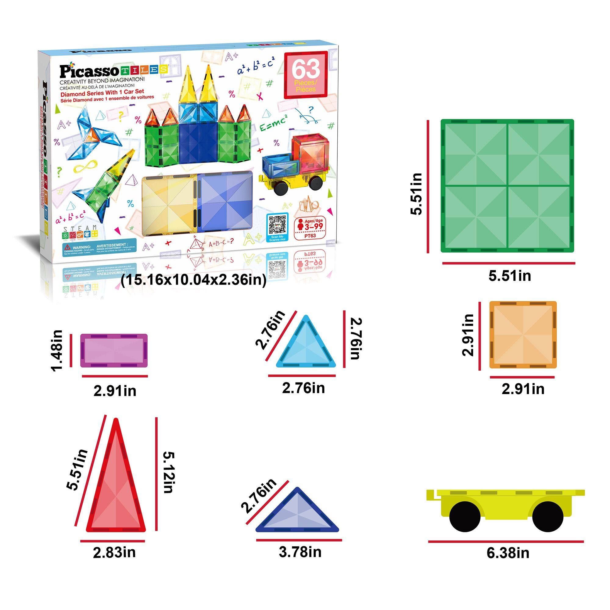 Picasso Tiles Creative Beyond Imagination Series with 1 Car Set Diamond with 1 Car Set 63 Pieces (15.16x10.04x2.36in) 1.48in 2.76in 2.91in 2.76in 2.76in 5.51in 5.51in 2.91in 2.91in 5.51in 5.12in 2.76in 2.83in 3.78in 6.38in