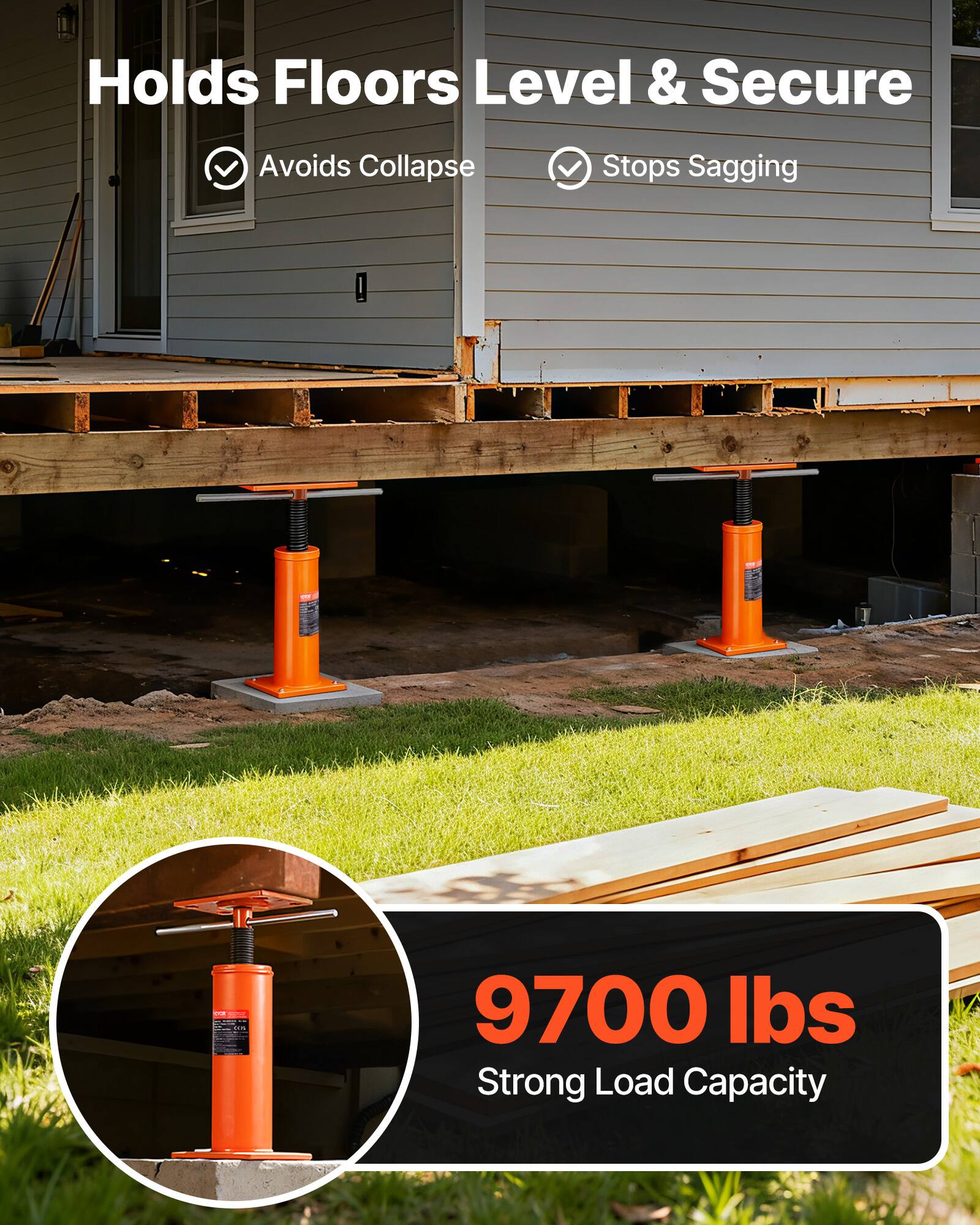 Holds Floors Level & Secure  
Avoids Collapse  
Stops Sagging  

1 - 9700 lbs Strong Load Capacity