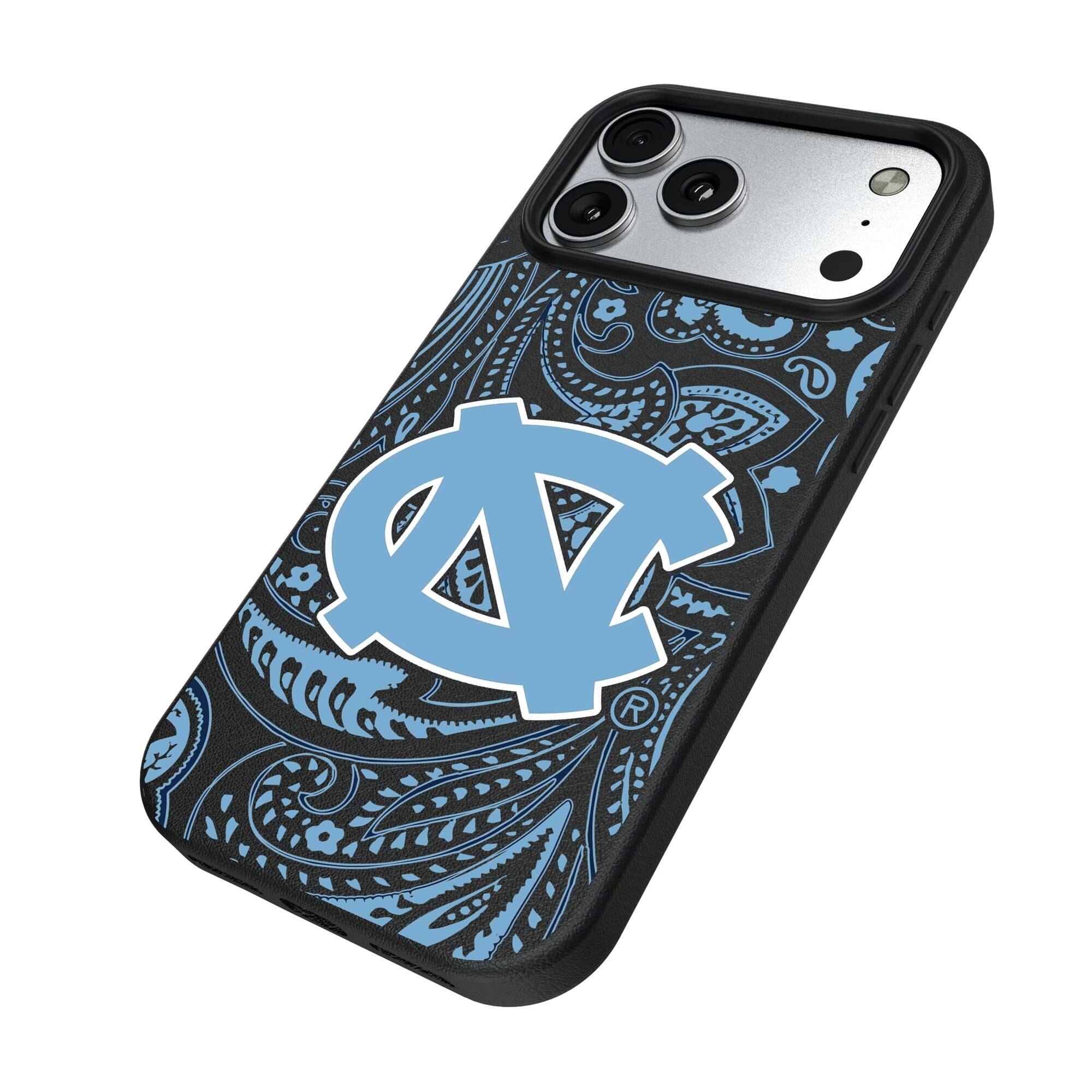 Alt View 1. Keyscaper - North Carolina Tar Heels Paisley iPhone Magnetic Bump Case - 16 Pro - Black.