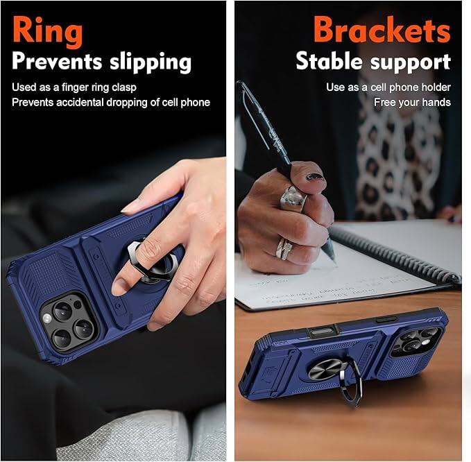 **Ring**  
Prevents slipping  
Used as a finger ring clasp  
Prevents accidental dropping of cell phone  

**Brackets**  
Stable support  
Use as a cell phone holder  
Free your hands