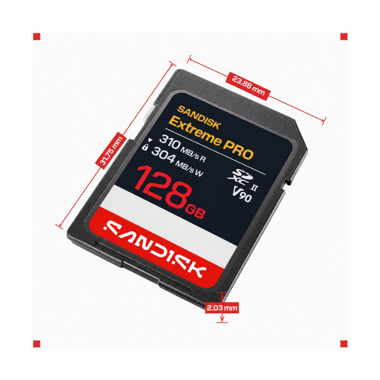 23.88 mm Extreme SANDISK mm 6 310 PRO 31.75 304 MB/s R MB/s W XC 128 GB V90 II SANDISK 2.03 mm