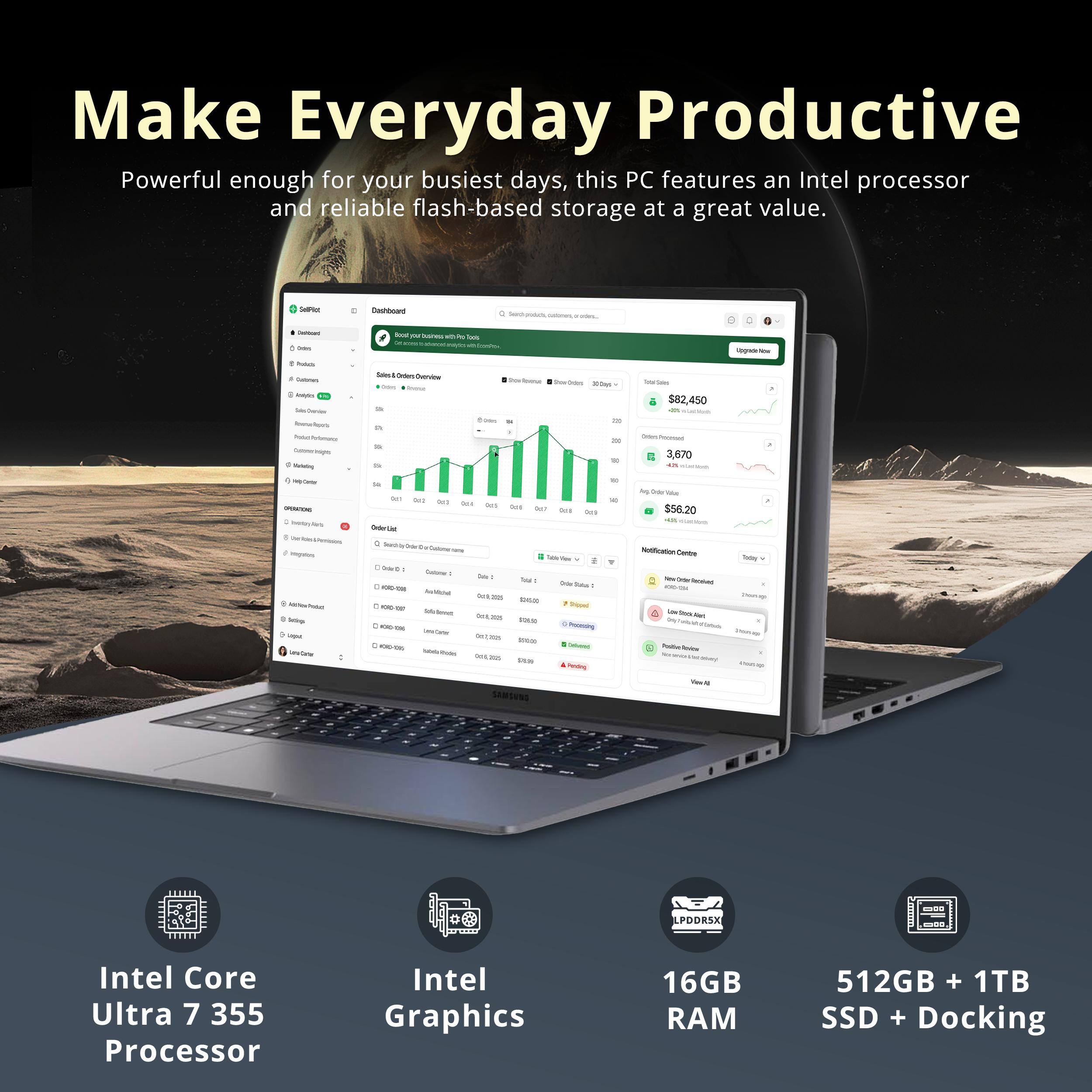 Make Everyday Productive

Powerful enough for your busiest days, this PC features an Intel processor and reliable flash-based storage at a great value.

- Intel Core Ultra 7 355 Processor
- Intel Graphics
- 16GB RAM
- 512GB + 1TB SSD + Docking