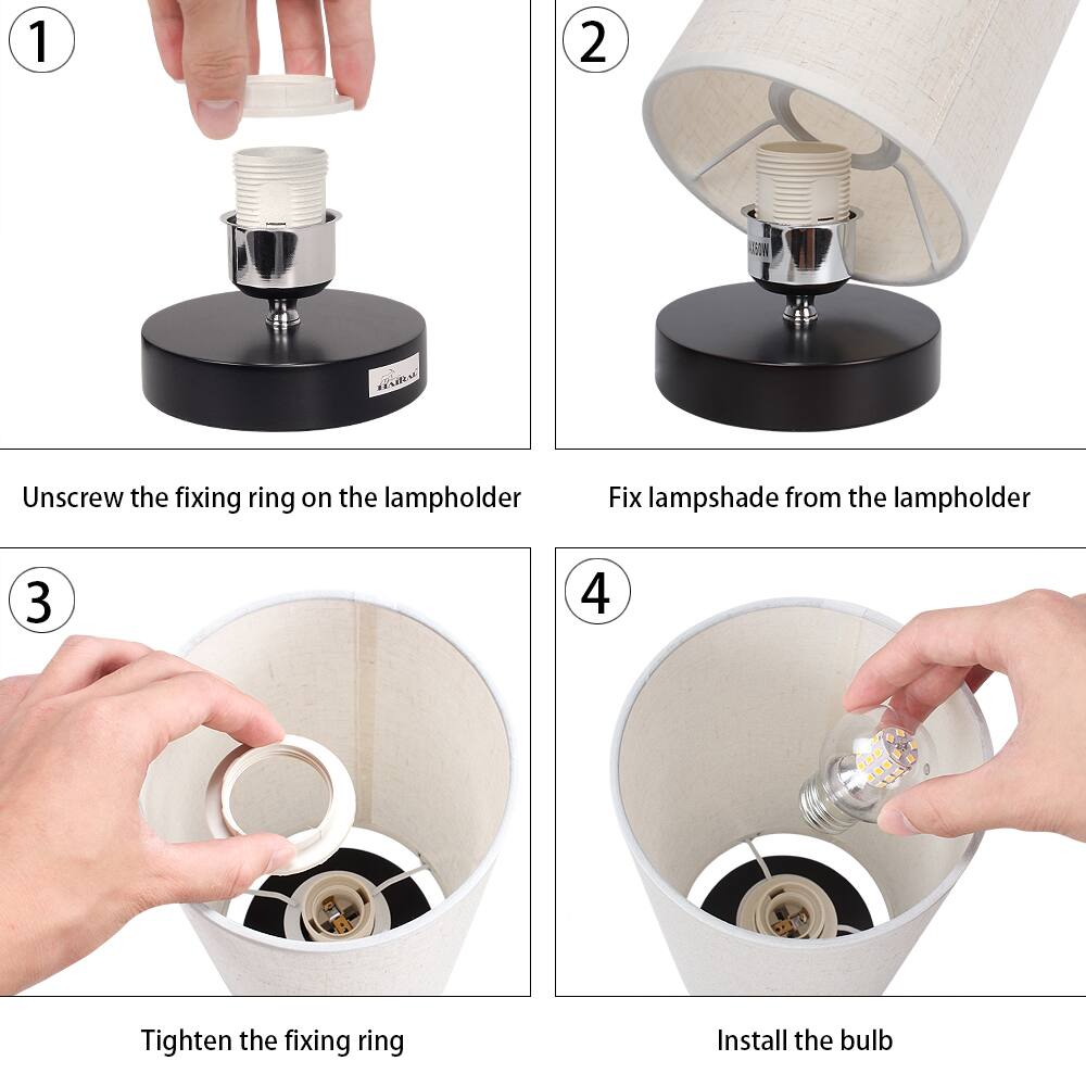 1. Unscrew the fixing ring on the lamp holder.
2. Fix the lampshade from the lamp holder.
3. Tighten the fixing ring.
4. Install the bulb.