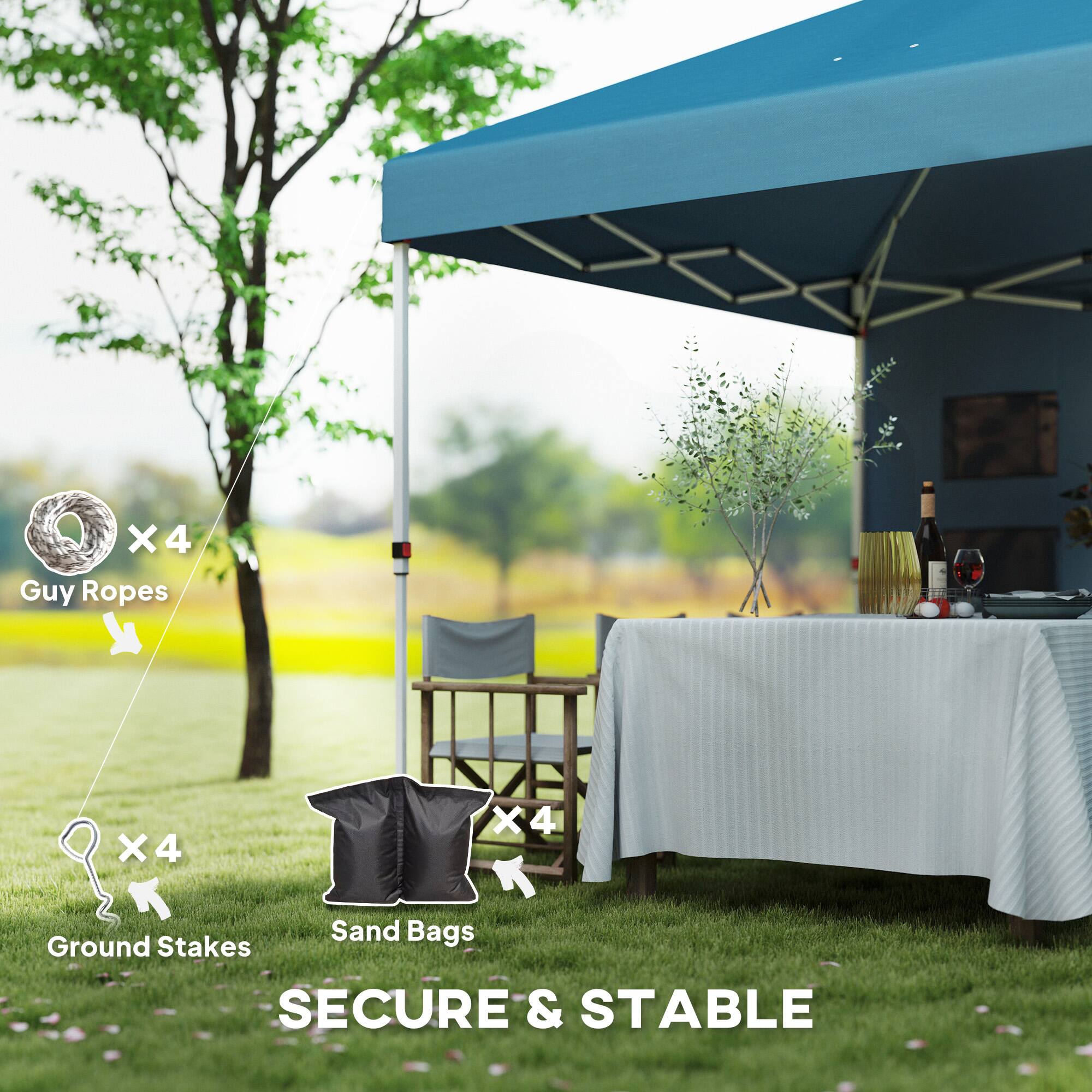 Guy Ropes, Ground Stakes, Sand Bags, SECURE & STABLE