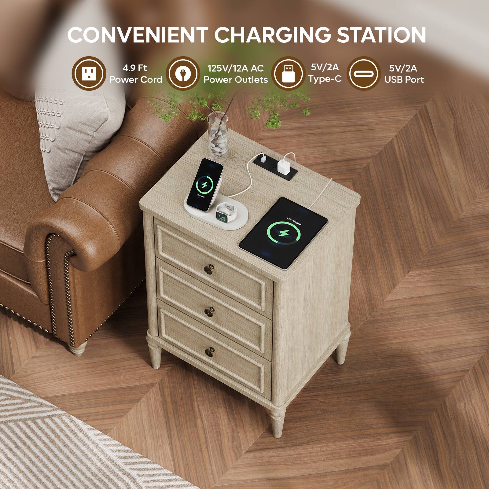 CONVENIENT CHARGING STATION

- 4.9 Ft Power Cord
- 125V/12A AC Power Outlets
- 5V/2A Type-C
- 5V/2A USB Port