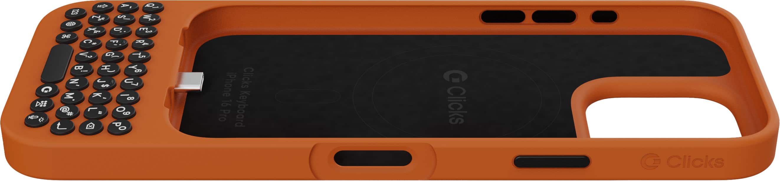 The image features a close-up of an orange case designed for an iPhone. The case has a built-in keyboard that is attached to the back of the phone. The case is made by a company called "Groov-e." The case is designed to provide a convenient and portable keyboard for users who prefer typing on a physical keyboard rather than using the on-screen keyboard. The case also has a built-in stand that allows the phone to be propped up at an angle for easier viewing and typing.