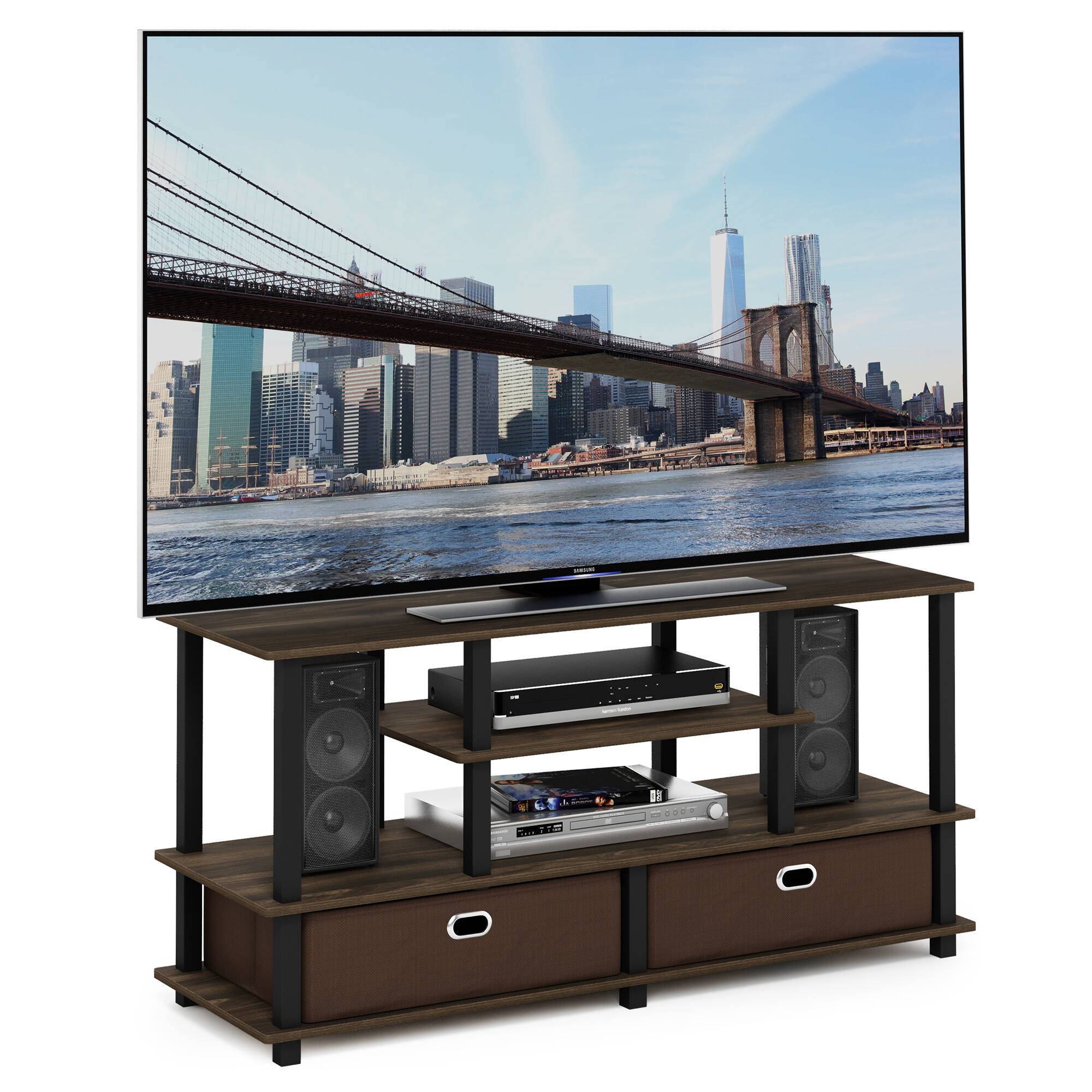 Alt View 3. Furinno - JAYA Large TV Stand for up to 55-Inch TV with Storage Bin - Columbia Walnut/Black/Dark Brown.
