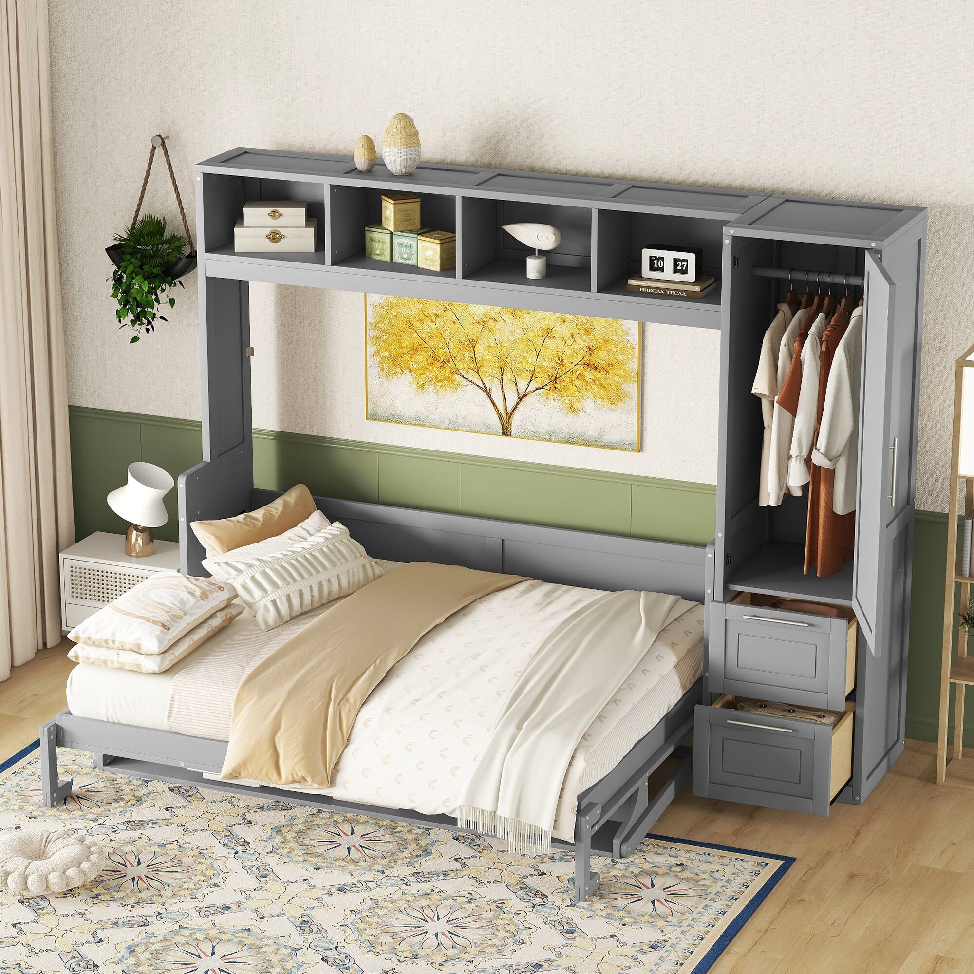 Back. Tiramisubest - Queen Size Murphy Bed with Closet and Drawers, Gray (112" L x 65" W x 79" H, 331 lbs) - Gray.
