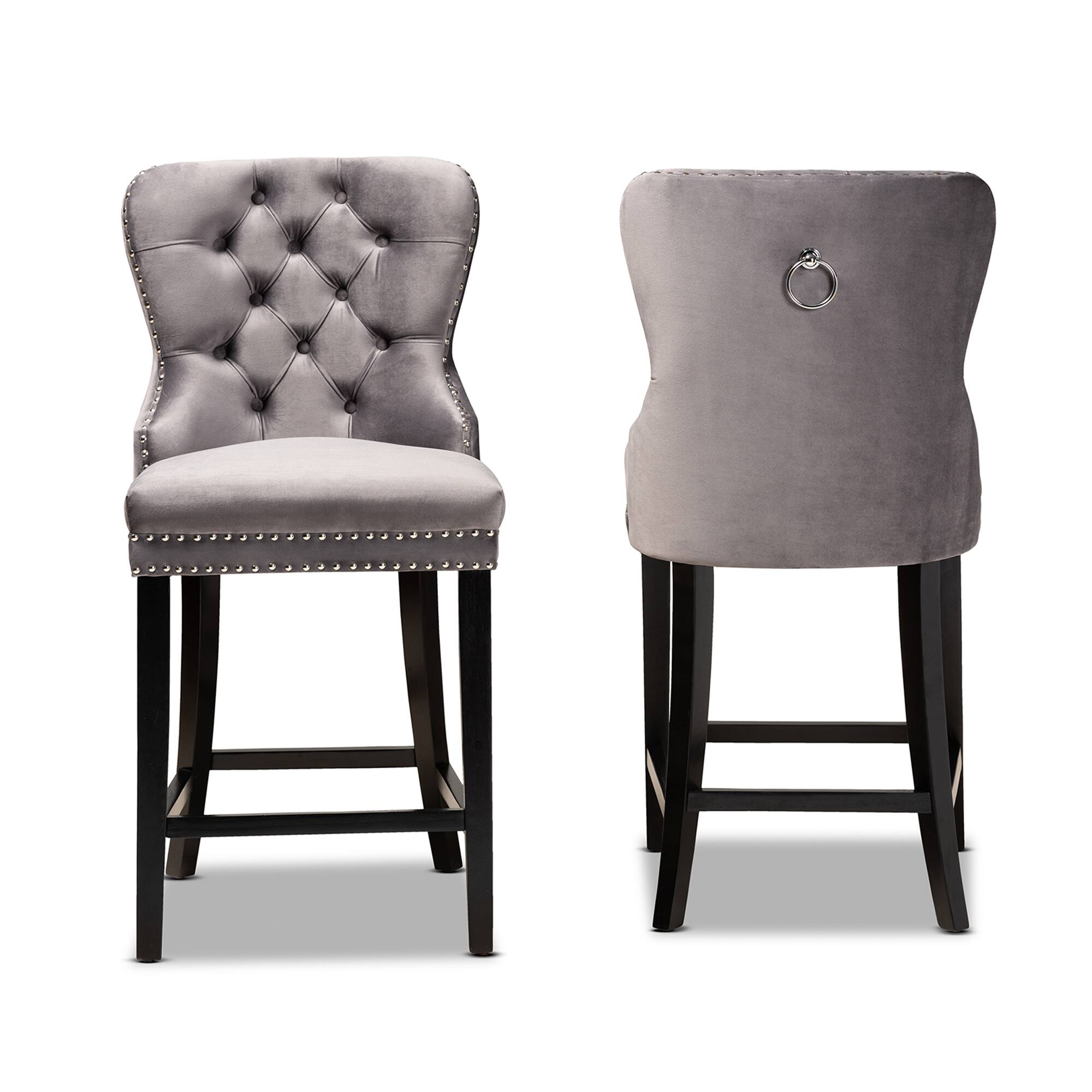 Angle. Baxton Studio - Howell Modern Transitional Velvet Upholstered and Finished Wood 2-Piece Counter Stool Set - Grey/espresso brown.
