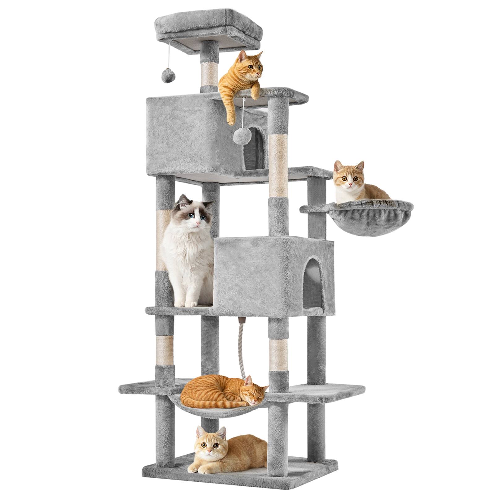 Alt View 3. Bestier - 66-in Cat Tree Tower, Large Multi-Cat Climbing, Extended Platform, Hammock, Pet House for Indoor Cats and Kittens Play - Light Grey.