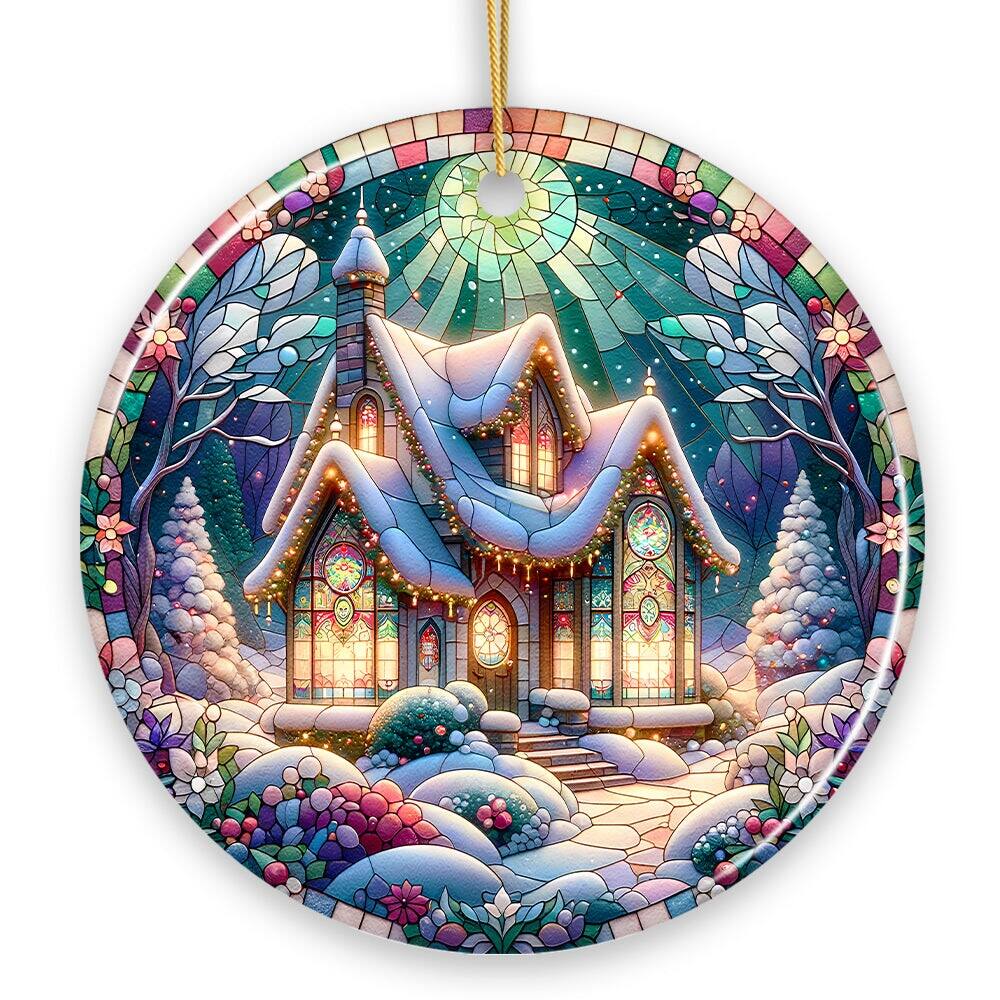 OrnamentallyYou - Whimsical Cottage Stained Glass Style Ceramic Ornament Christmas Gift and Decor - Multi-colored