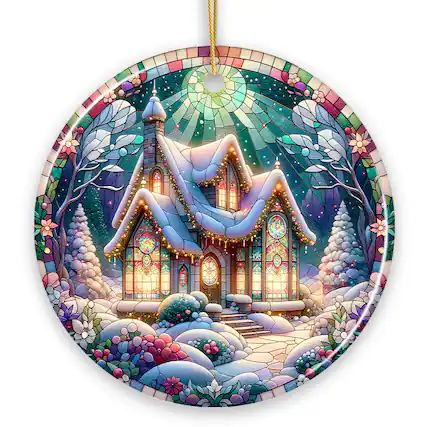 Front. OrnamentallyYou - Whimsical Cottage Stained Glass Style Ceramic Ornament Christmas Gift and Decor - Multi-colored.