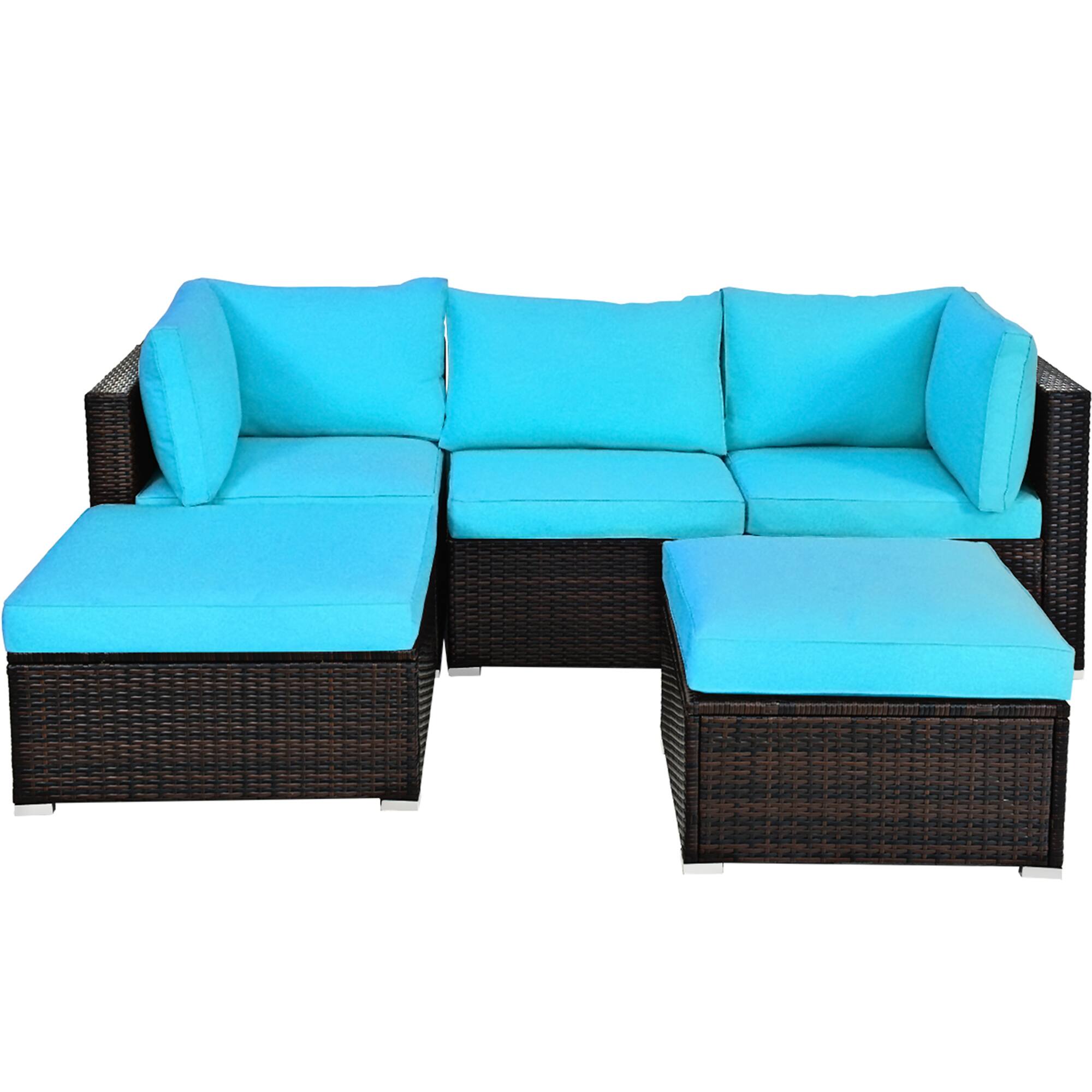 Alt View 4. Gymax - Gymax 5PCS Cushioned Rattan Patio Conversation Set Outdoor Furniture Set w/ Ottoman - Turquoise.