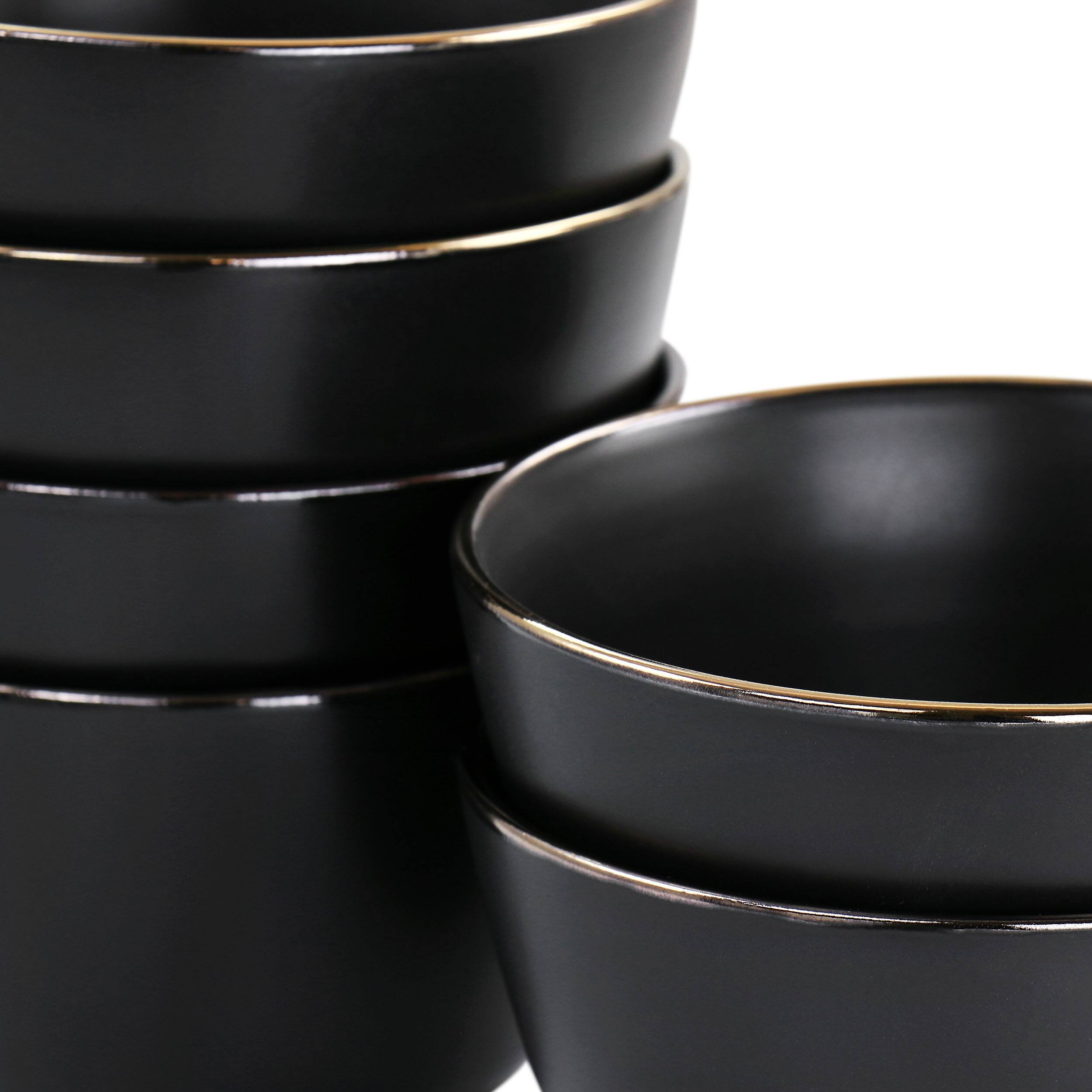 Left. Elama - Elama Paul 6 Piece Stoneware Bowl Set in Matte Black with Gold Rim - Black.