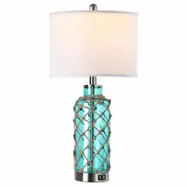 RYHNUYNE - Set of 2 Coastal Touch Table Lamps with Blue- Glass Bases, Rope Accents, 3-Way Dimming, Dual USB Charging Ports - Green
