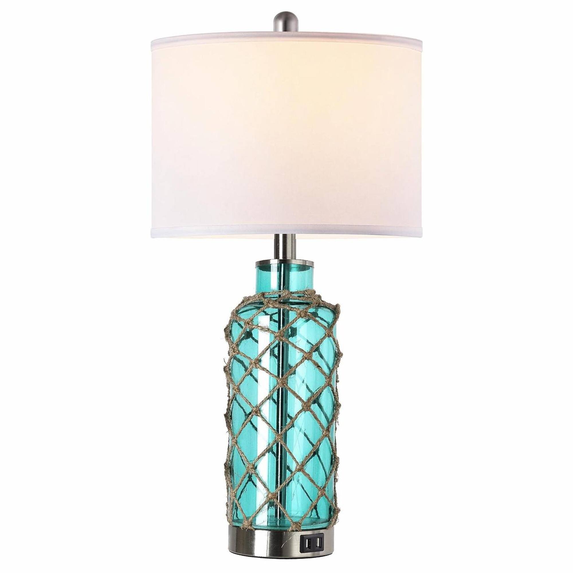 Front. RYHNUYNE - Set of 2 Coastal Touch Table Lamps with Blue-Green Glass Bases, Rope Accents, 3-Way Dimming, Dual USB Charging Ports - Green.