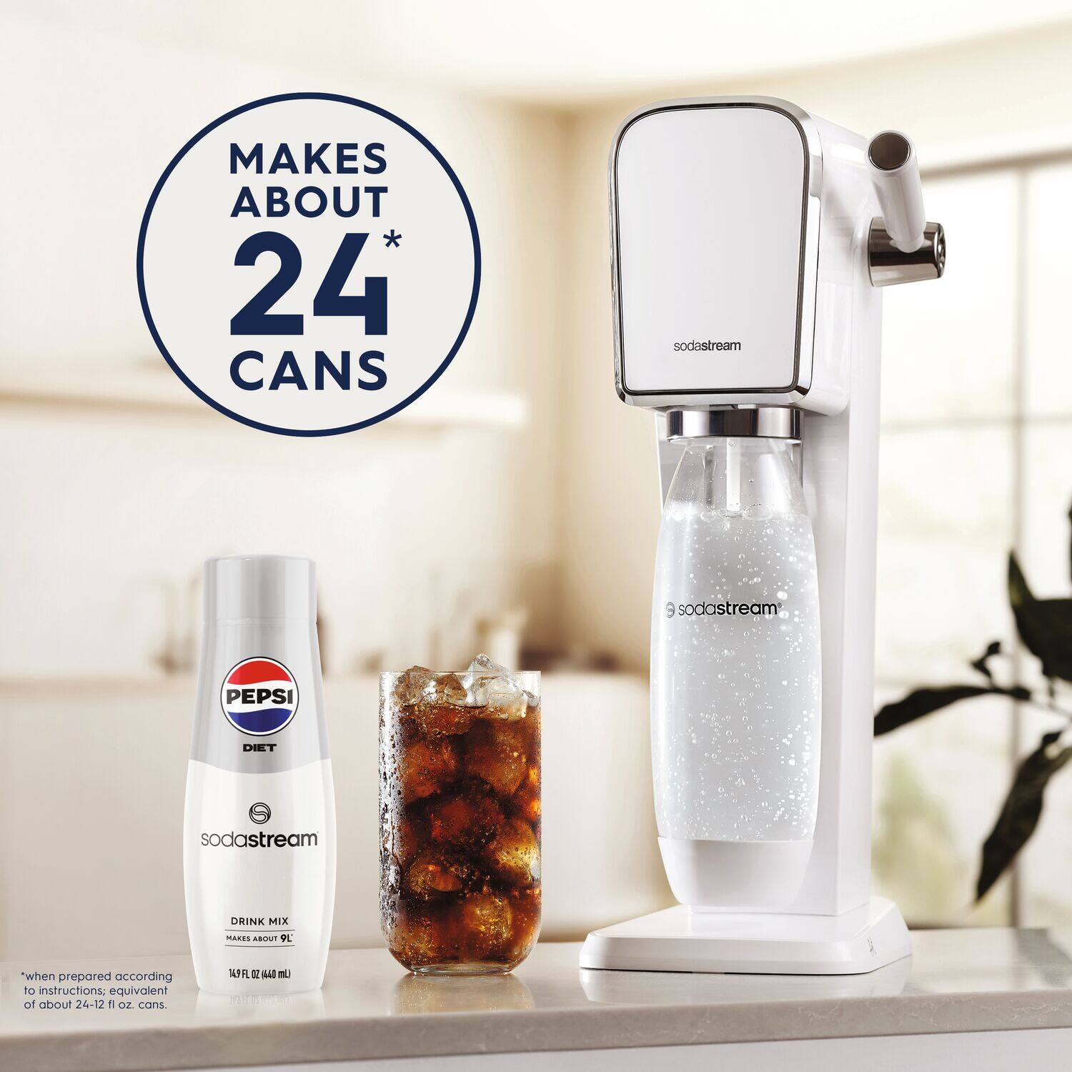 The image features a SodaStream machine and a glass of soda. The text on the image reads, "Makes about 24 cans sodastream 9 sodastream PEPSI DIET sodastream ORINK MIX Mares Argo 16 'when prepared according to instructions: equivalent of about 24-12 oz cons 148FL az 48 mU."