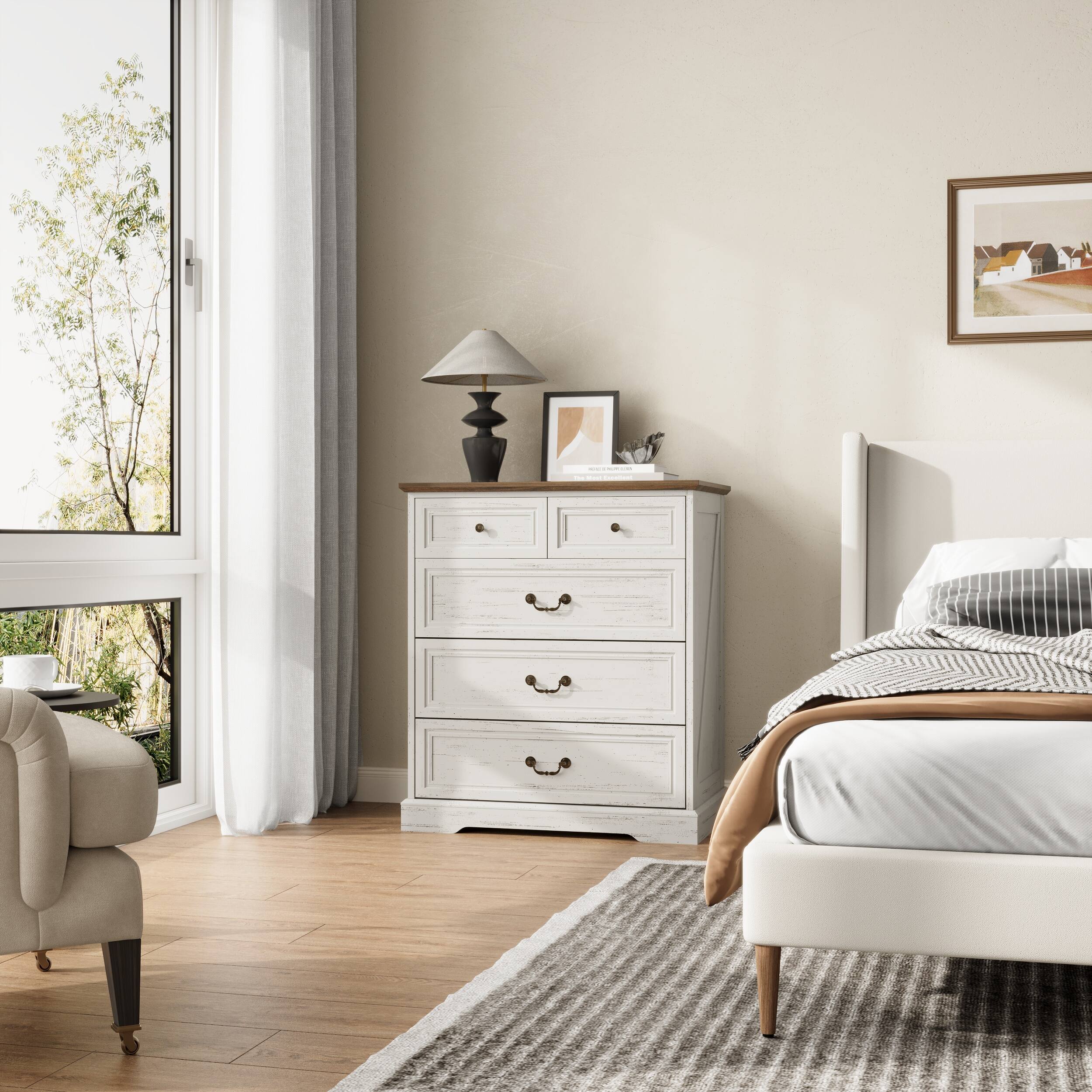 Alt View 8. FUFU & GAGA - Vintage 5-Drawer Dresser Chest - Distressed Finish Bedroom Storage Organizer with Bronze Hardware for Clothes, Linens - Distressed white.