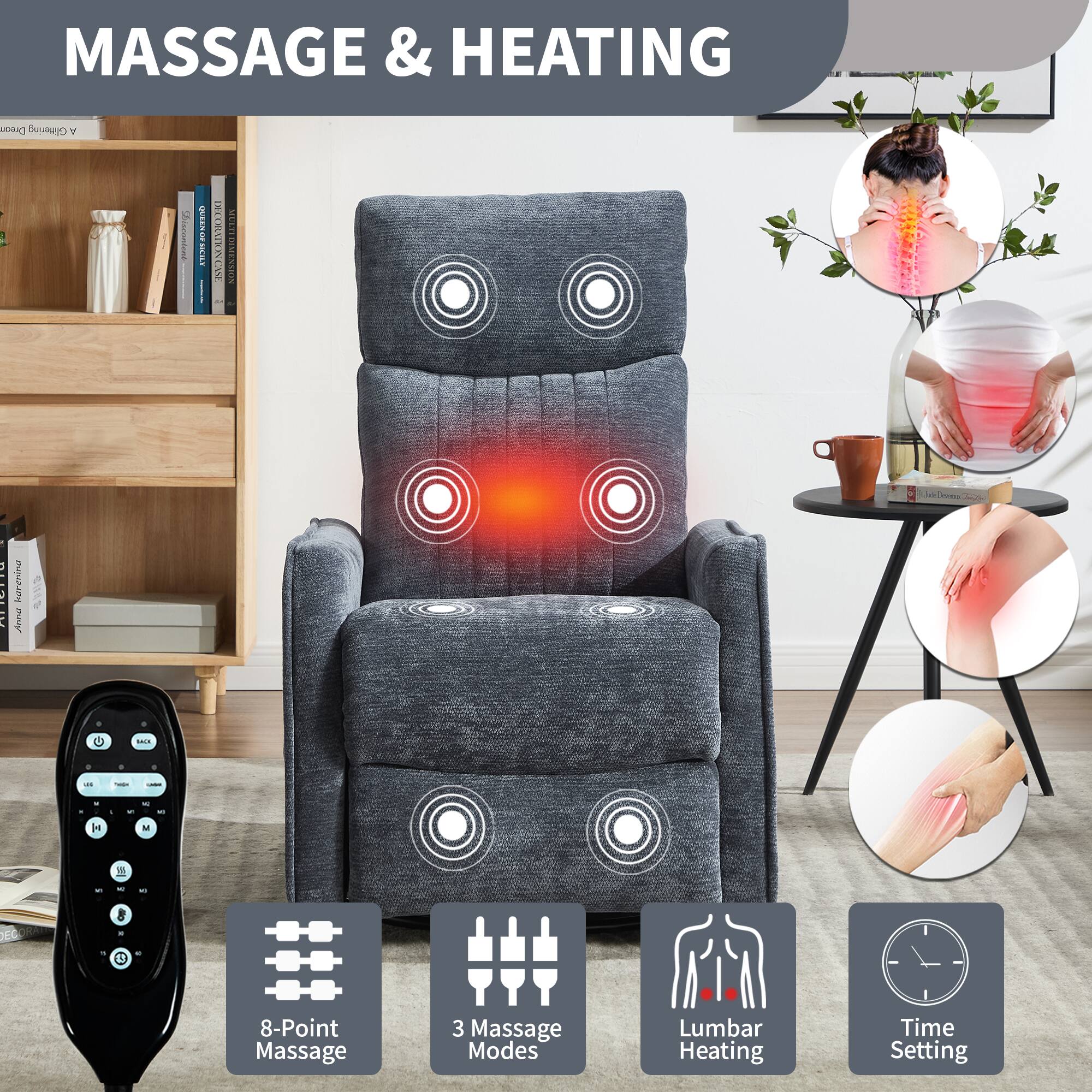 MASSAGE & HEATING

- 8-Point Massage
- 3 Massage Modes
- Lumbar Heating
- Time Setting