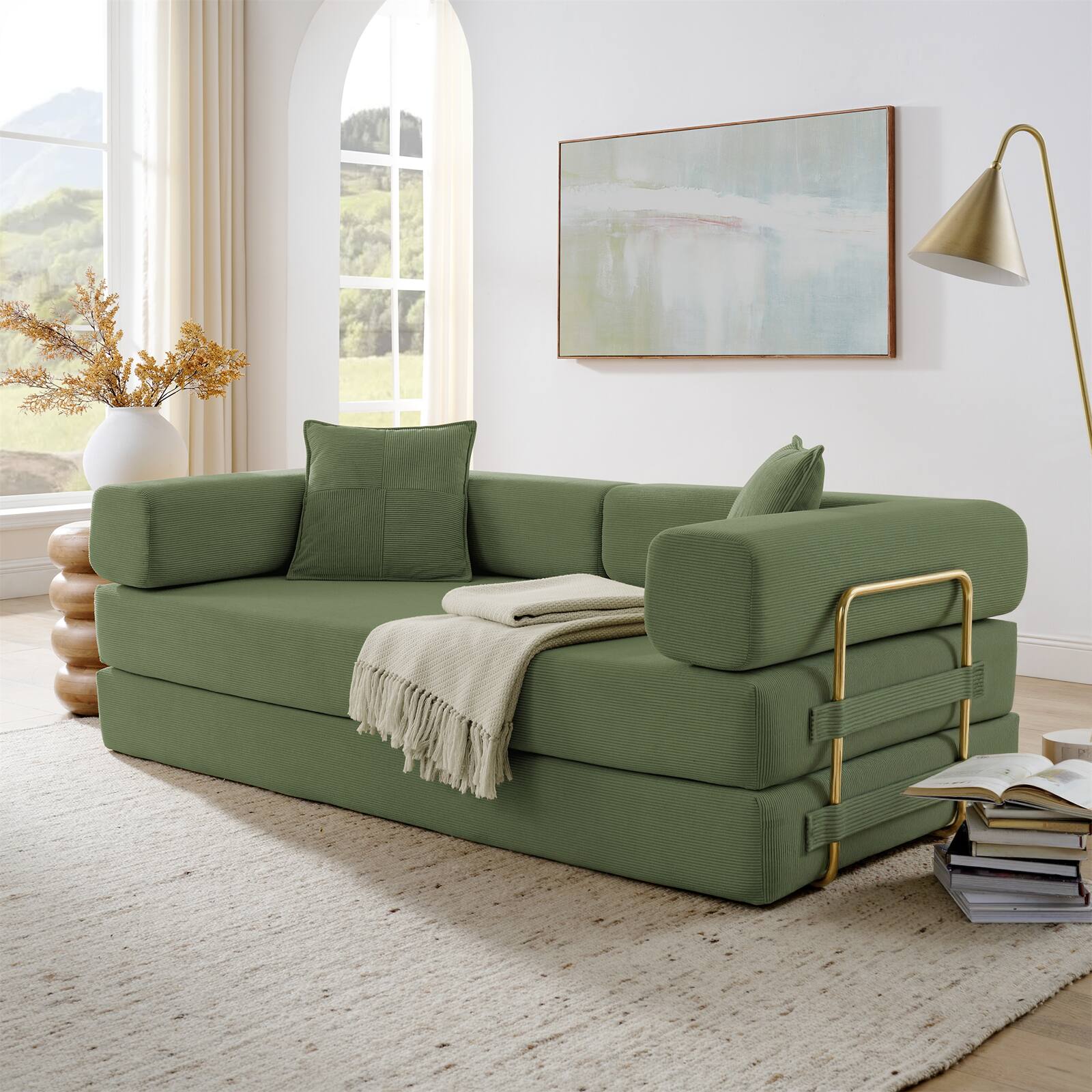 Angle. Trinkets Crazed - 4-In-1 Free Combination Loveseat Convertible Sleeper Sofa Bed Floding Futon Couch Corduroy Modular Sofa Couch - Green.